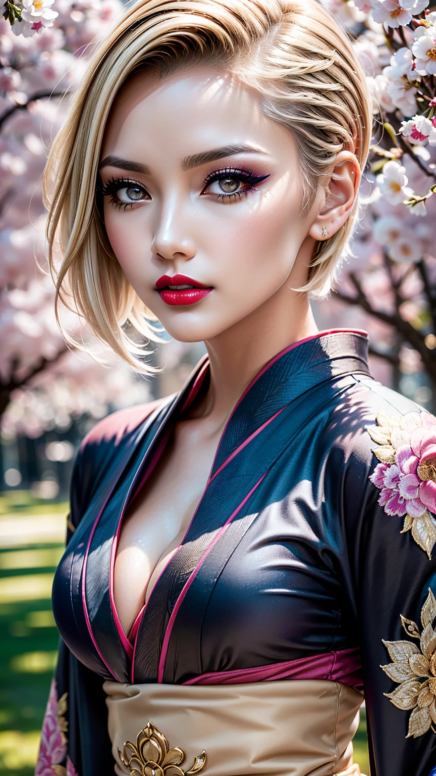 Divide Ratio : 1,1,1 Base Ratio: beauty (mixed girls) in ((girl 18-year-old)) ),fashion supermodel, (the most absurd quality), (high quality), (masterpiece),(highest resolution),(best high quality real texture skin:1.3),((ebony skin female:1.2)),(best quality texture hair:1.4),BREAK,((short blonde hair ((slicked to the side)) extremely detailed:1.35)),((outside,an orchard of blooming cherry trees:1.3)),(sharp focus),((soft neon lighting on the face and body)),(perfect proportions),(anatomically correct),(perfect female body:1.4),(firm normal full breasts:1.3),slim face,beautiful cheekbones,((slim,swell-muscled body:1.24)),(Super beautiful face),(realistic face),(highly detailed face:1.55),(ultra detailed eyes), finely detailed face,finely quality eyes,(tired and sleepy and satisfied:0.0),(close up of a woman's eye with a digital rendering),realistic eyes,perfect round eyes,finely detailed pupils,(brown_eyes:1.28),BREAK,detailed lips:1.3,pink_makeup:1.3, long_blue_eyeliner:1.35, (red_lipstick:1.32),perfect dark_eyeshadows:1.35, (super detailed makeup on eyes:1.33), iridescent eyes, with professional makeup, vibrant eyes:1.22, (Detailed nose:1.2),BREAK,((super extravagant ((cut kimono cute)) wear)),small head:1.4,BREAK,makeup:1.22,BREAK,/(random u%u top:1.13),/exquisite balance of shadows,perfect composition,((upper body shot:1.3)),(((look at the viewer))), Hasselblad, 35mm f/1.8