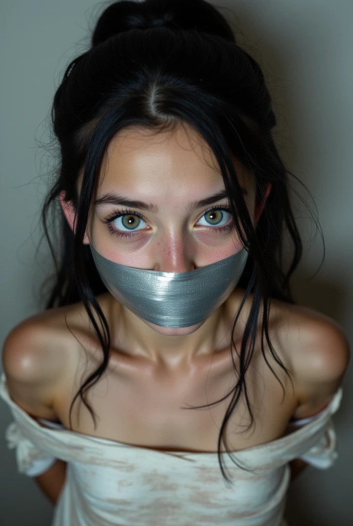 Aesthetic Girl blindfolded Duct tape gagged in sexy silver shimmering prom saree Taking selfie duct tape gagged