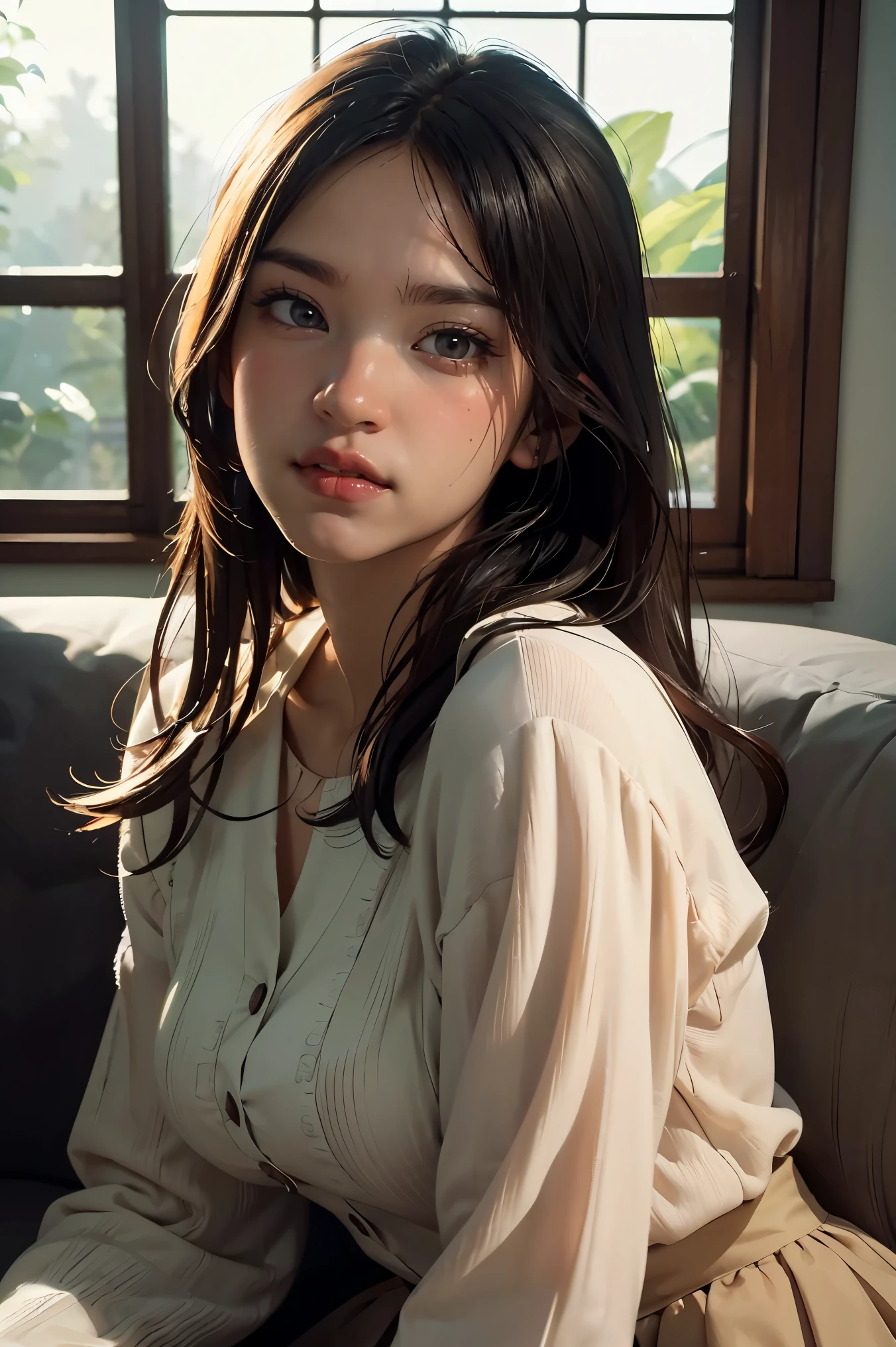 a woman with long wavy brown hair sitting on a couch, beautiful detailed eyes,beautiful detailed lips,extremely detailed face and skin,longeyelashes, elegant dress, serene expression, cozy living room with large windows, warm lighting, soft textures, (best quality,4k,8k,highres,masterpiece:1.2),ultra-detailed,(realistic,photorealistic,photo-realistic:1.37),digital painting,concept art,muted colors,cinematic lighting