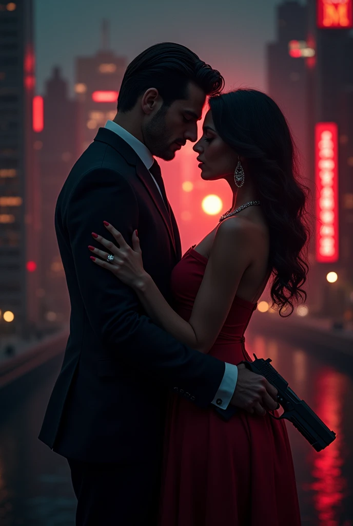 A white-skinned woman with long black hair, very pretty and very beautiful, so much so that she seems unreal and very abundant, pointing a gun at a very tall man, Very handsome muscle man dressed completely in black on a background of chaos, misfortune and death while they look into each other&#39;s eyes with love and hate and a title that says attractions that kill 