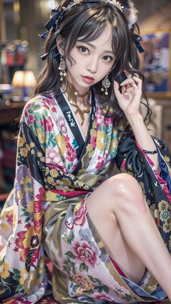 tmasterpiece, ultra fine photos, best qualtiy, 超高分辨率, realisticlying,a beauti,Raised sexy,The kinky is exposed,Good body,The yellow robe is embroidered with a pattern,,Exposing thighs,Temple,