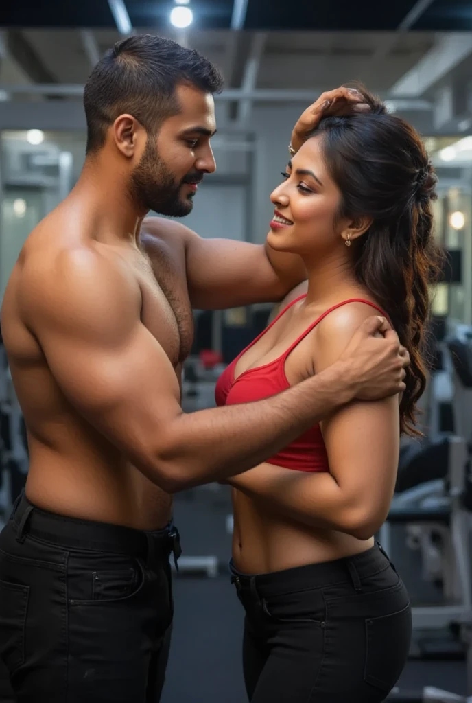 2 person one 50 years old beared indian jaat hunk man and one 18 years old indian girl in one photo, 50 years old Desi beared mascular dark skin jaat with huge wide muscular shoulders, wide chest, abs, masculine wide triceps, arms, biceps, big masculine legs, wide thighs, calfs, black-haired, hair falls on your face, Mesmerizing brown eyes, tight fitting undies with huge bulge, gloves in hand, kissing mouth to mouth with indian girl in gym, indian couple girl man mouth to mouth kissing, seductive kissing 