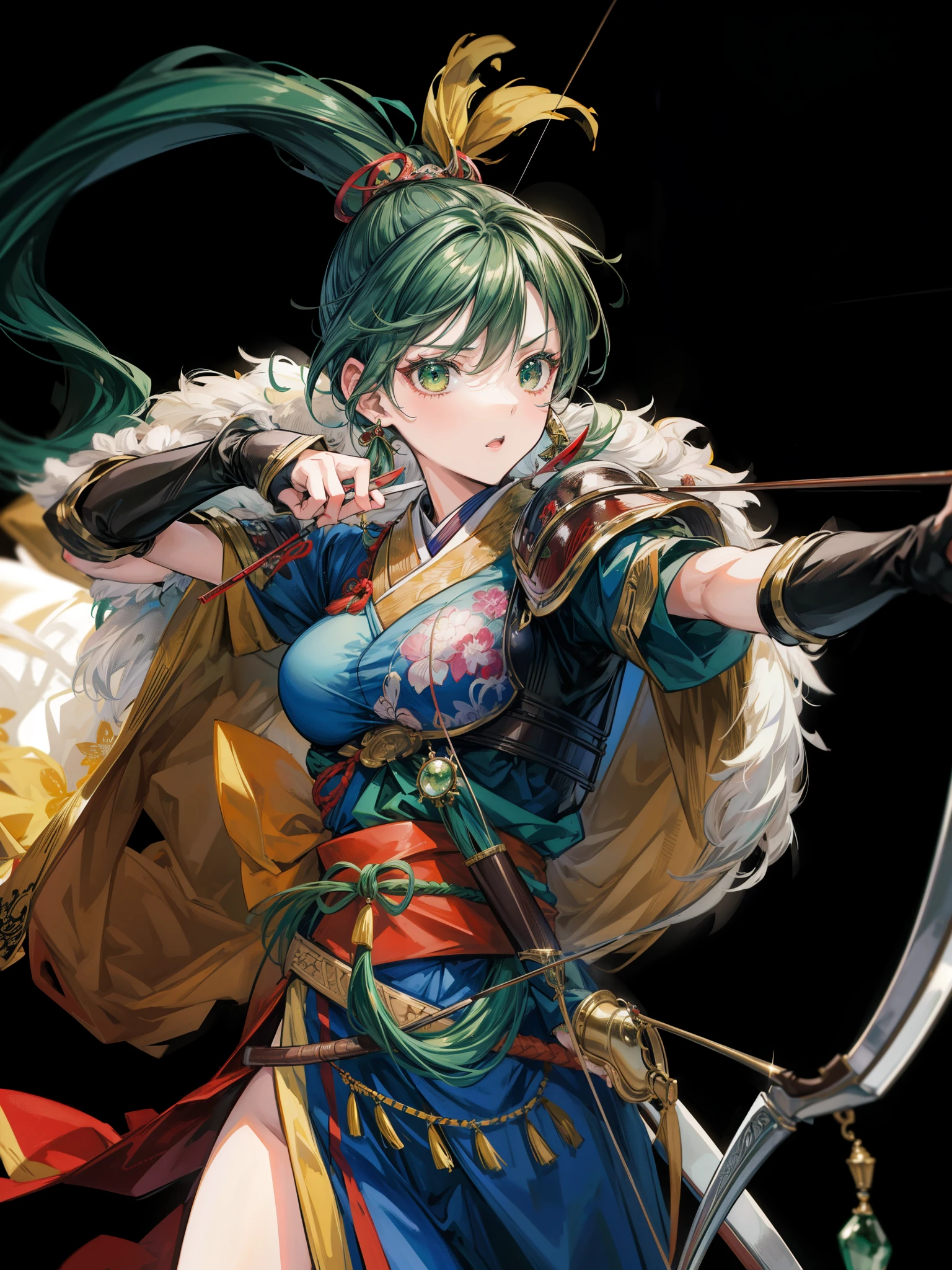 anime, best quality, extremely detailed, masterpiece, ultra high res, adult woman, serious, close mouth, Raw feet, huge breasts, pony tail, green hair, kimono, microskirt, armor, cloak, jewelry, looking at viewer, wind, Drawing a bow and aiming, Lyndis