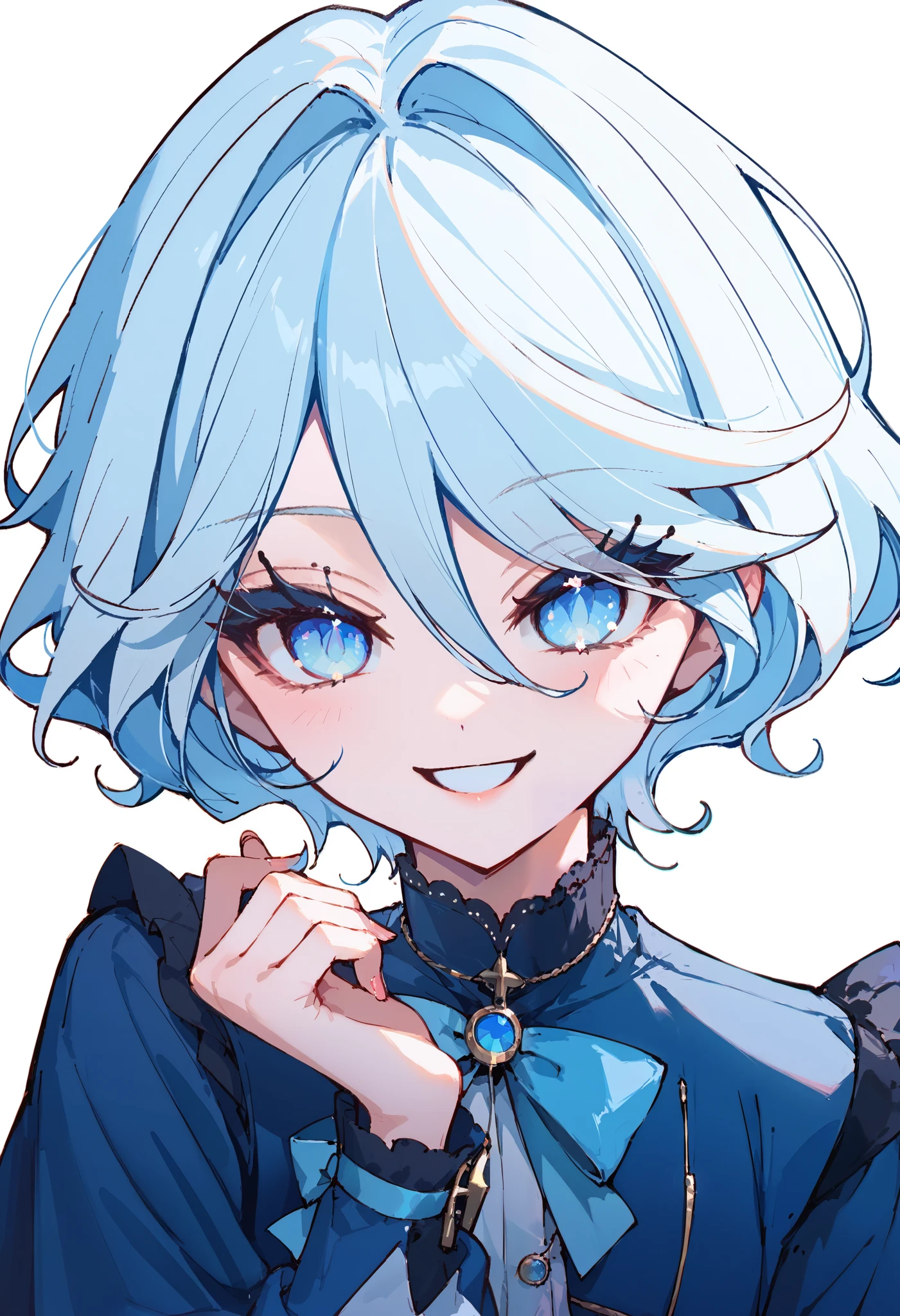 masterpiece, (最 High Quality ), ( High Quality )、 With a quiet waterside in the background,  1 girl,Alone, White Hair、 light blue mesh 、 light blue and blue eyes 、Drop-shaped pupil , (change:0.9), smile, Bow、 Depth of Subject , cute boy,  Best Body ,  blanking,  high resolution, 4K,  best upscale against a dark stage,