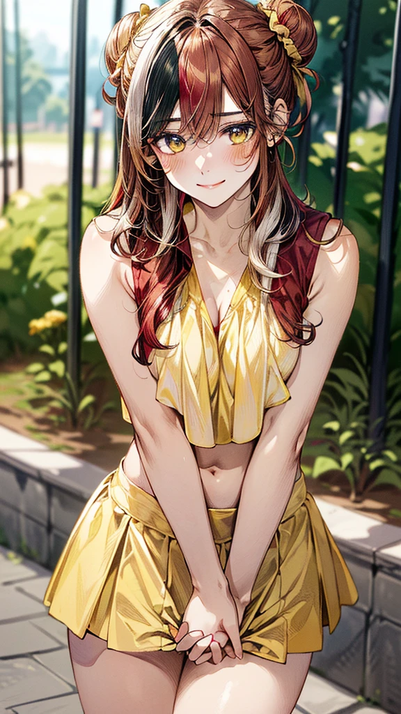 solo, smile, <lora:MaryHunt:1> MaryHunt, hair flower, frilled dress, yellow dress, cleavage, choker, earrings, long sleeves, <lora:Gudoc Style Lora:0.8> Gudoc, Thin lineart, soft shading, film grain,, ultra detailed, masterpiece, best quality, aesthetic, detailed,