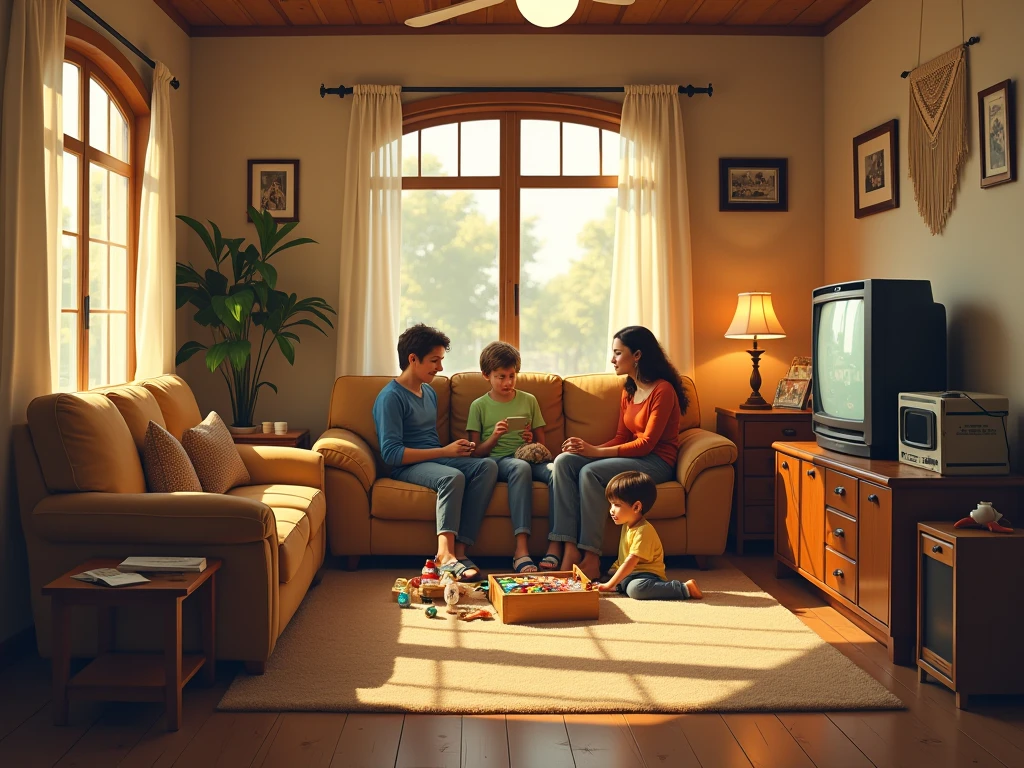 Year: 2020
Country: Nauru
Description: A family gathers in their charming Nauruan home, its exterior adorned with colorful pastel hues. The parents and their two children engage in a board game in the cozy living room, surrounded by vintage-inspired decor. The warm daylight streaming in through the open windows adds to the idyllic atmosphere.