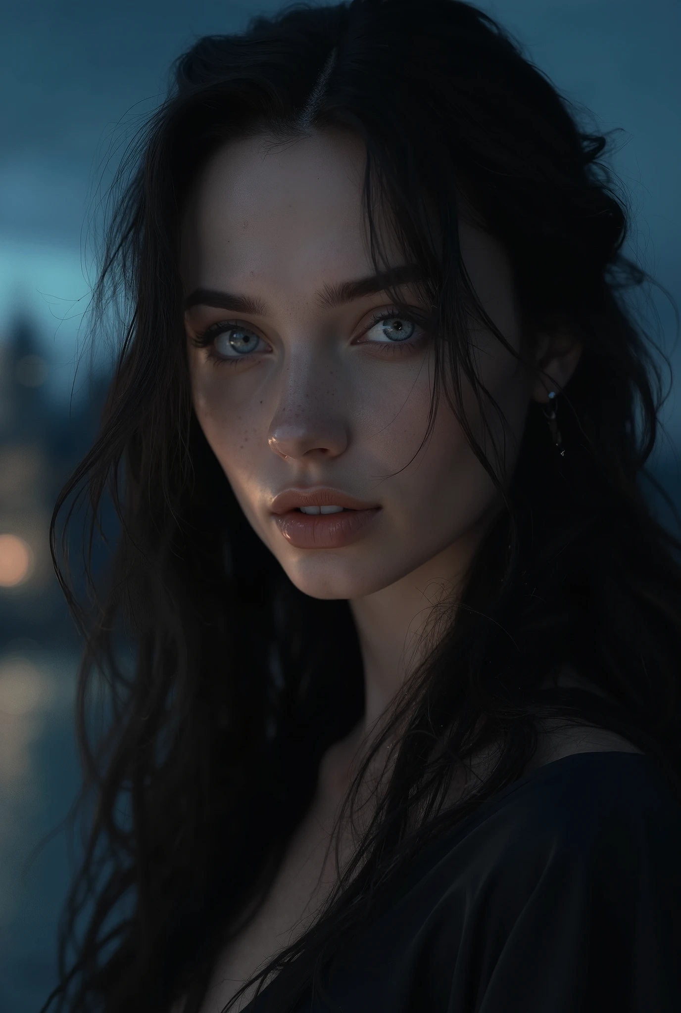 A close up of a woman with long hair and a black top - SeaArt AI