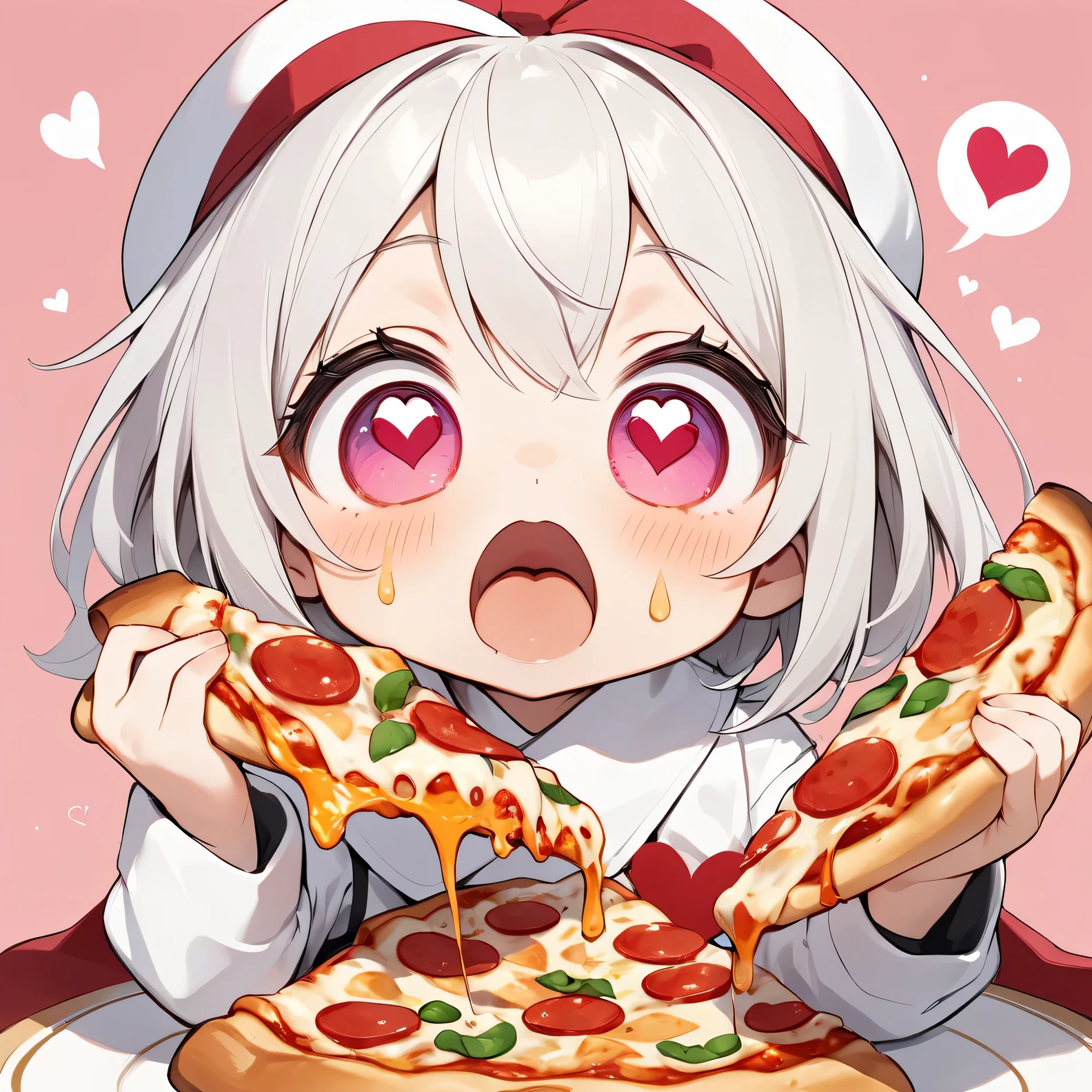 ultra small deformation, , Eating a pizza , it seems so delicious , Open your mouth wide, ((heart eyes)), I love pizza ❤, ROUGH