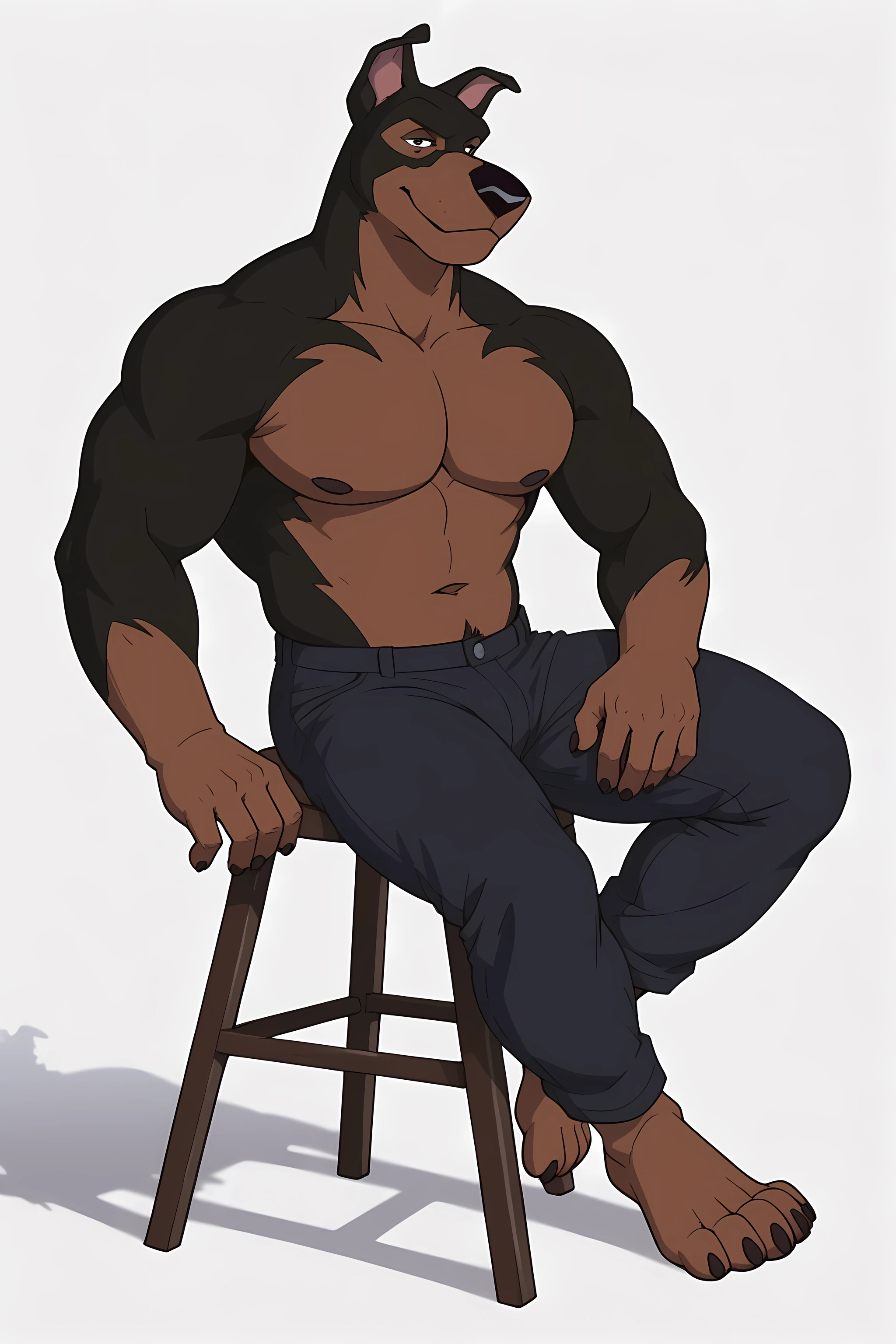 BusterLT, furry, anthro, anthro body, canine, doberman, black eyes, black nose, black body, black fur, brown body, brown fur, two tone body, two tone fur, pink inner ear, solo, heavyweight body, (very muscular, muscles), simple background, shadow on floor, studio lighting, studio photoshoot, detailed, looking at viewer, strong posture, shirtless, bare chest, pants, muscular neck, muscular chest, thick pecs, full body, bare feet, sitting on stool, subtle smile