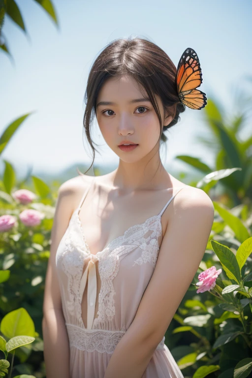Chinese girl, 2, white skin, shaggy breasts, big breast, crying, thick body, curvy body, curvy waist, sunny day, milky white skin, a butterfly tattoo on the shoulder back, a big flower tattoo on the thigh, there is a tatoo says "Thasya" on the arm, transparent gown, sitting open legs on the dead wood, in the rose garden, nakeness, full body, beautiful nail arts, showing her white tighs, black hair, straight hair, sexy toe, low-angle shot, full body from toe to head, full body, see-through black public hair, thick pubic hair