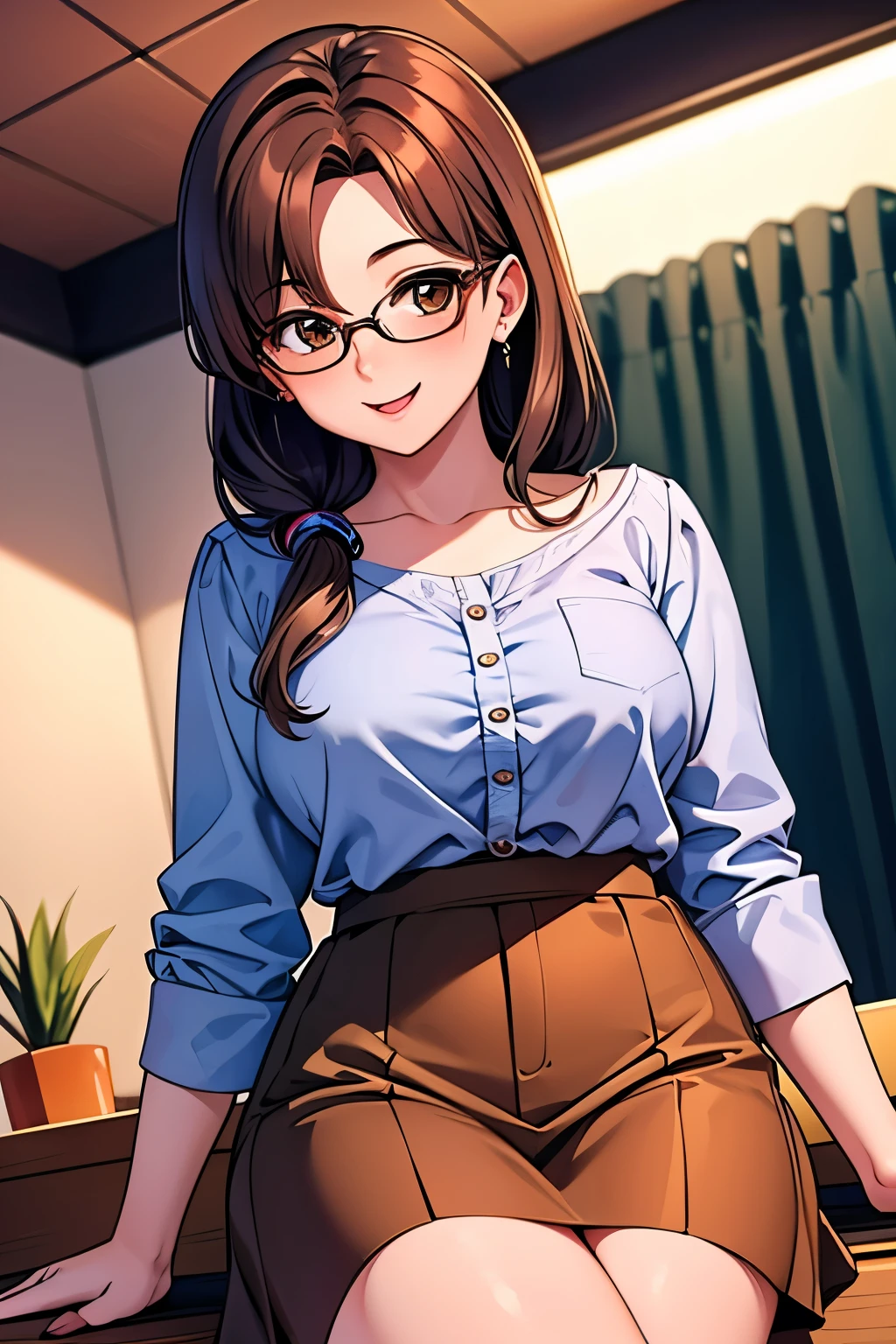  18 year old woman,  long brown hair, Round face,  amazing smile ,  and brown eyes ,  wearing glasses .