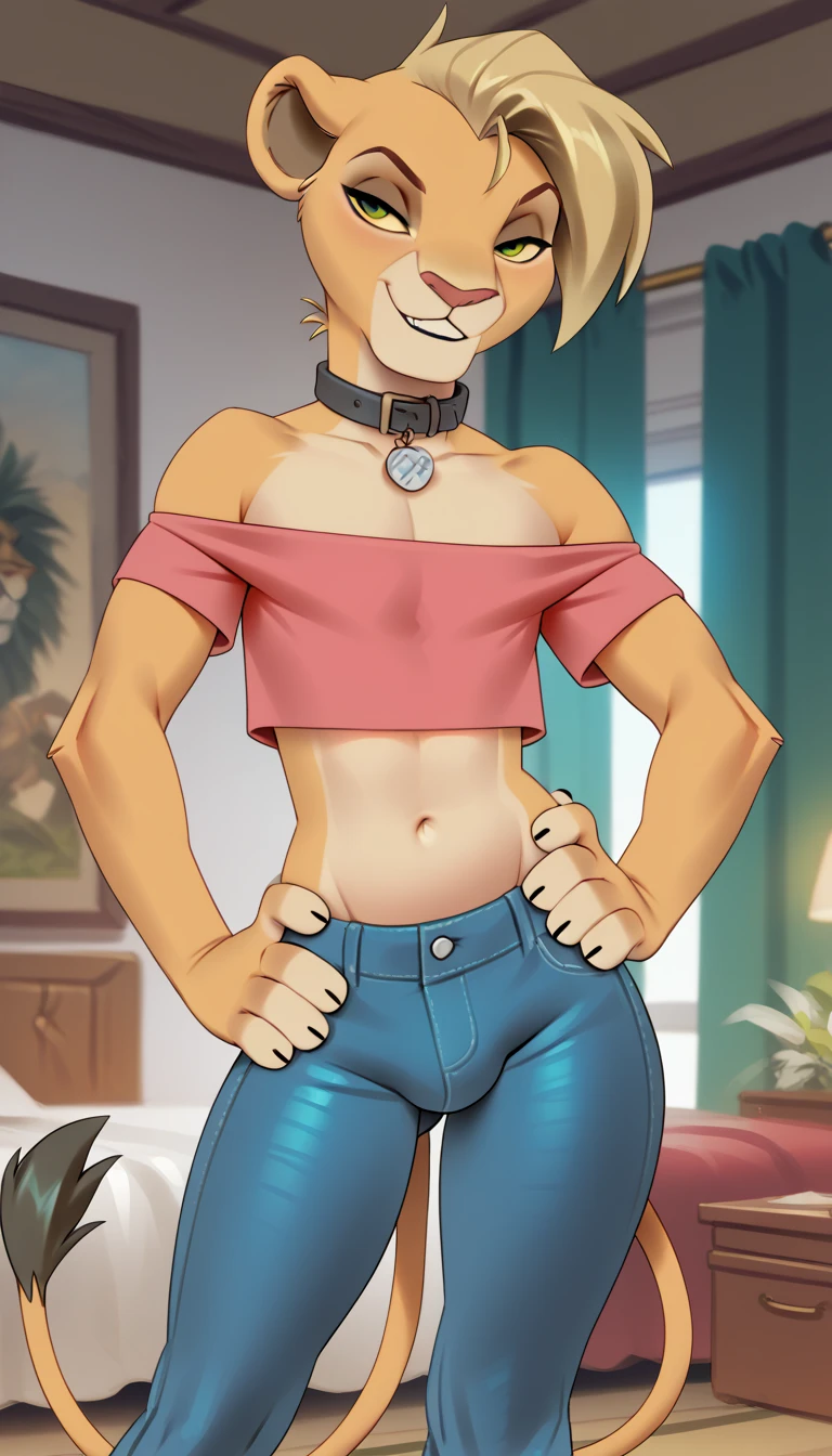 1boy, black eyeliner, male medium length mullet hairstyle, medium sharp hair texture, blonde hair, handsome, blue eyes, black choker, black long gloves, black skirt, desert, room, red lipstick, femboy, blush, thin waist, smile, bent over