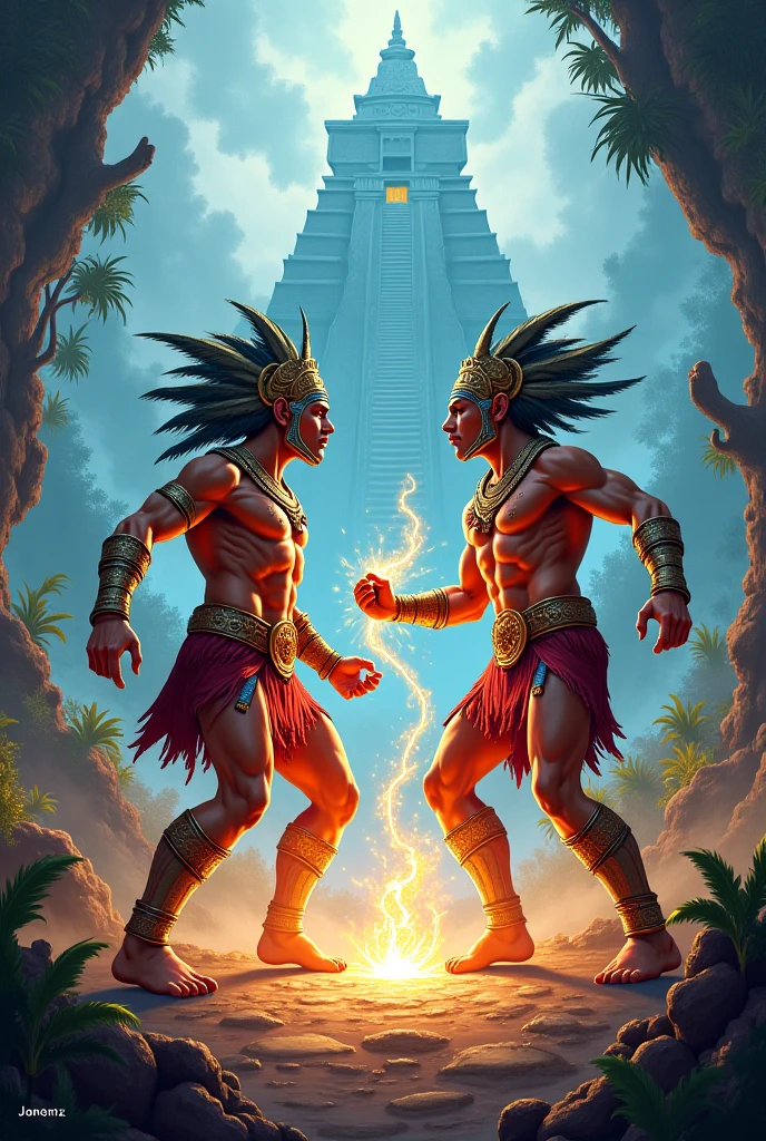 2 Mayan gods (men) creando men de madera mientras otros men de madera caminan entre ellos