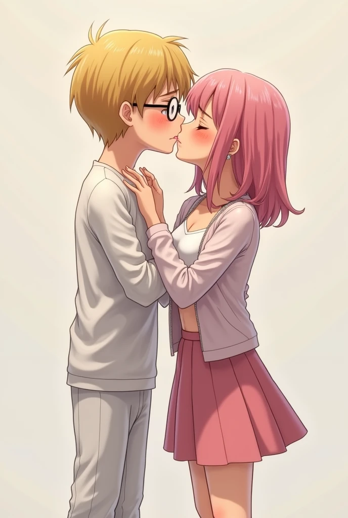 PICTURE REALISTIC,Japanese woman,20 year,short pink hair,There are fox ears.,Wear thin white pajamas.,do not wear underwear,Passionately kissing a Thai guy with glasses.