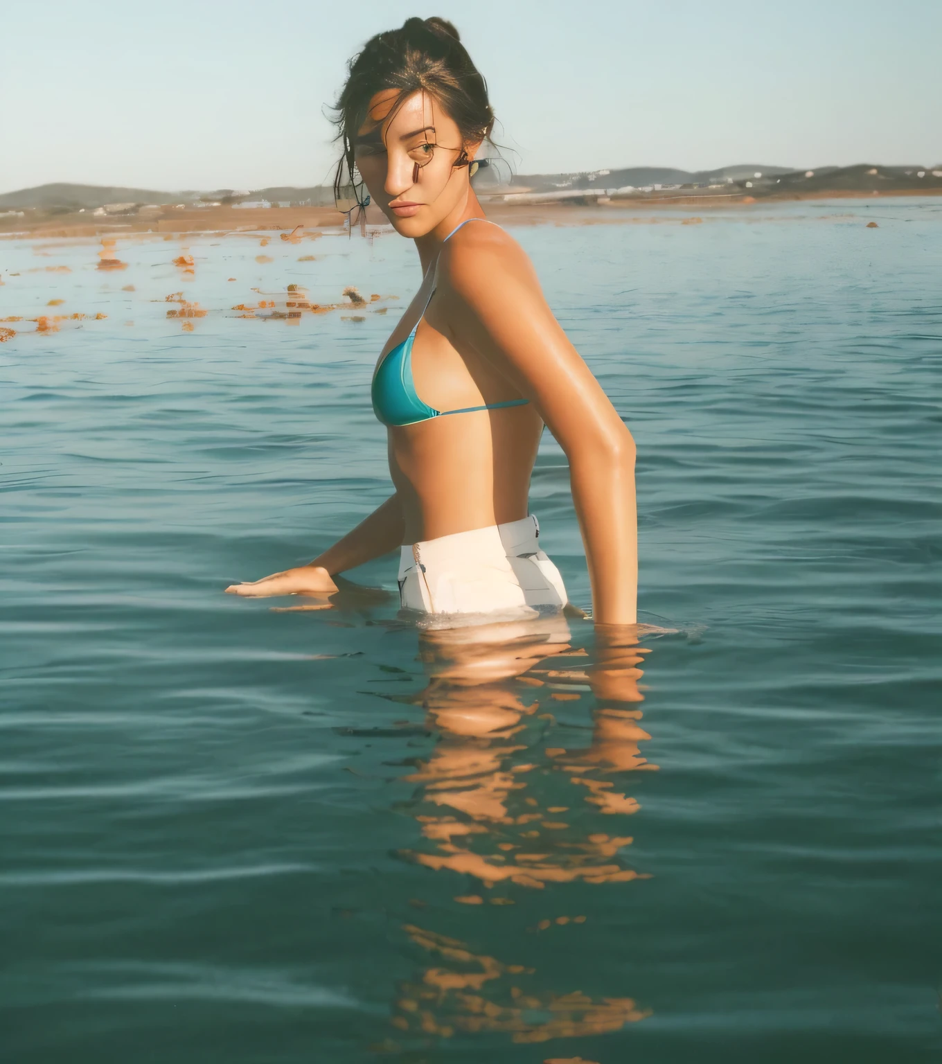 There is a woman in a bathing suit and hat on the beach, Ainda de um filme de Terence Malik, fotografia super 8mm, filmagens antigas, final 1 9 6 0 anos, foto colorida antiga, foto antiga, foto dos anos 70, foto do 7 0 s, fotografia antiga, um filme ainda, film photo from 1970s, Posando