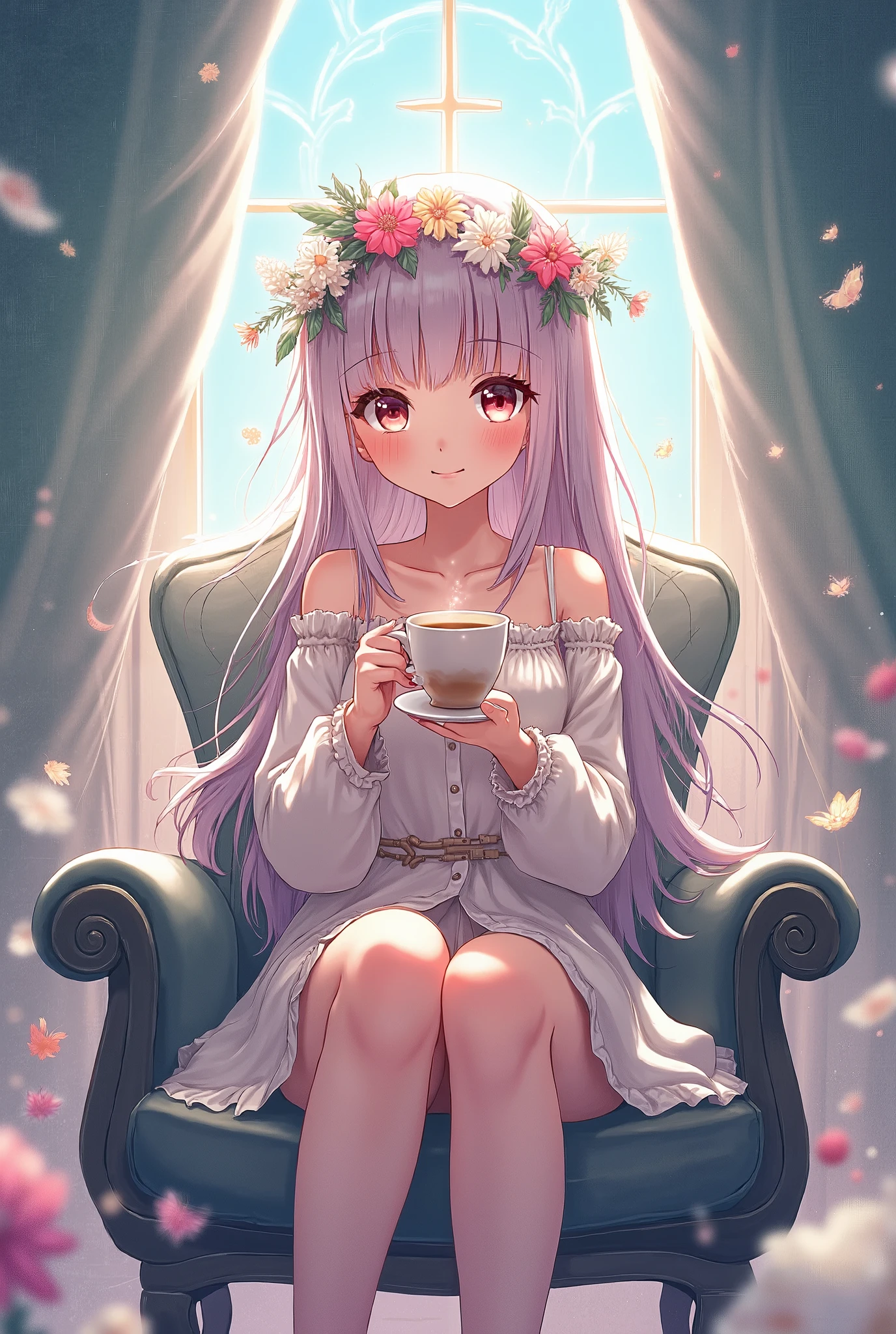 Young woman, Twenty years old, Long purple hair, Big breasts, Wear a long dress in a young lady style., Sipping tea under the tree, drawing