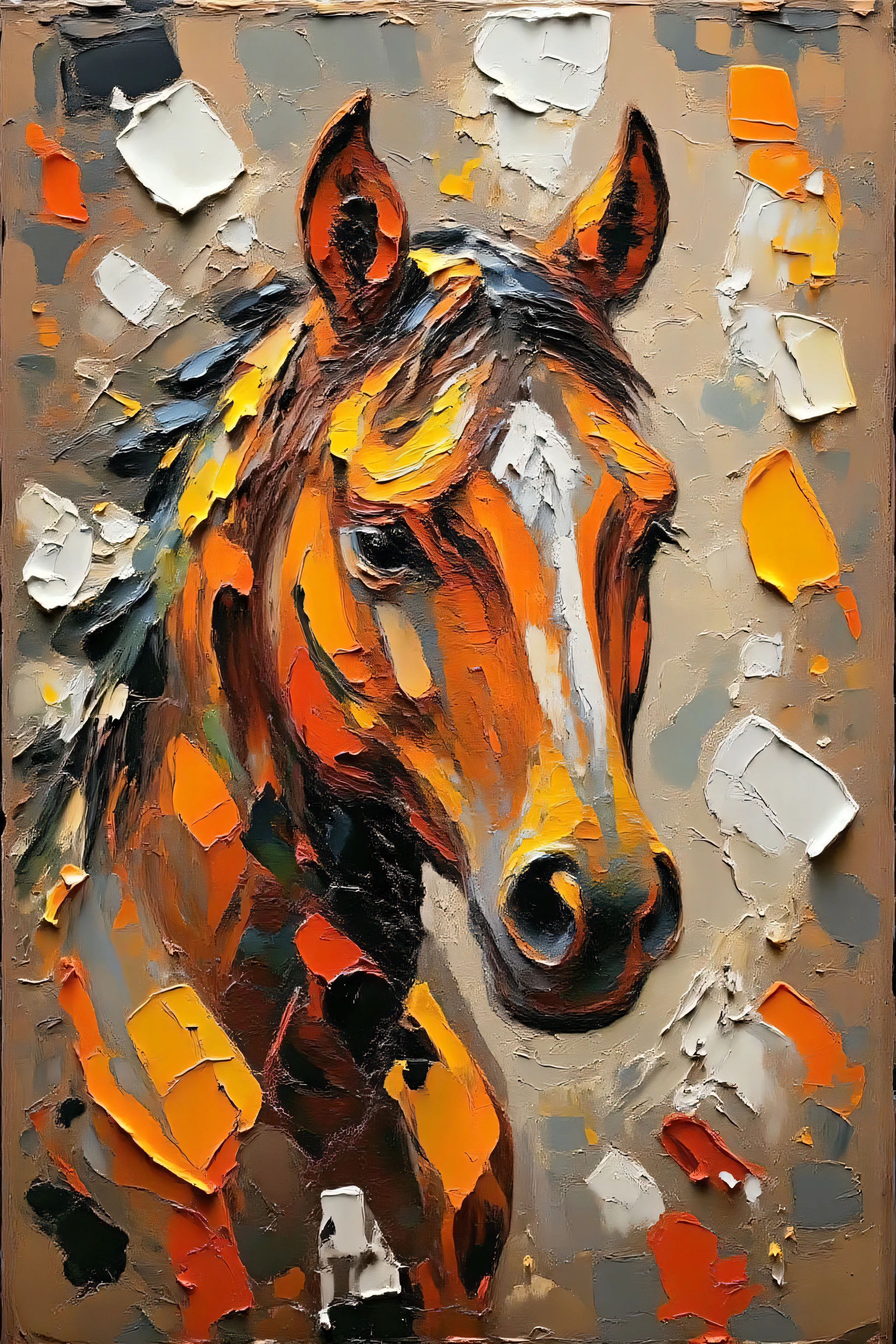 A captivating abstract painting of A beautiful horse with world war is appearing, image is reflecting the horse significant and important role and usage through history, large scale camera, inspired by Man Ray's visionary photography, immortalized by a large-screen camera, historical significance photo art that is also inspired by digital art, light reflection, a cold but rich color scale , --stylize 500.0 on the canvas. The bold, expressive brushstrokes create a striking contrast between warm and cool colors, with oranges, blacks, and whites dominating the palette. The background, a blend of muted colors, complements the vibrant hues of the figure, adding depth and dimension to the overall composition. The piece exudes a dynamic and emotive atmosphere, inviting the viewer to explore its intricate layers and interpret its meaning. This artwork masterfully combines elements of painting, photography, graffiti, and illustration, resulting in a unique and visually engaging experience., graffiti, painting, photo, illustration