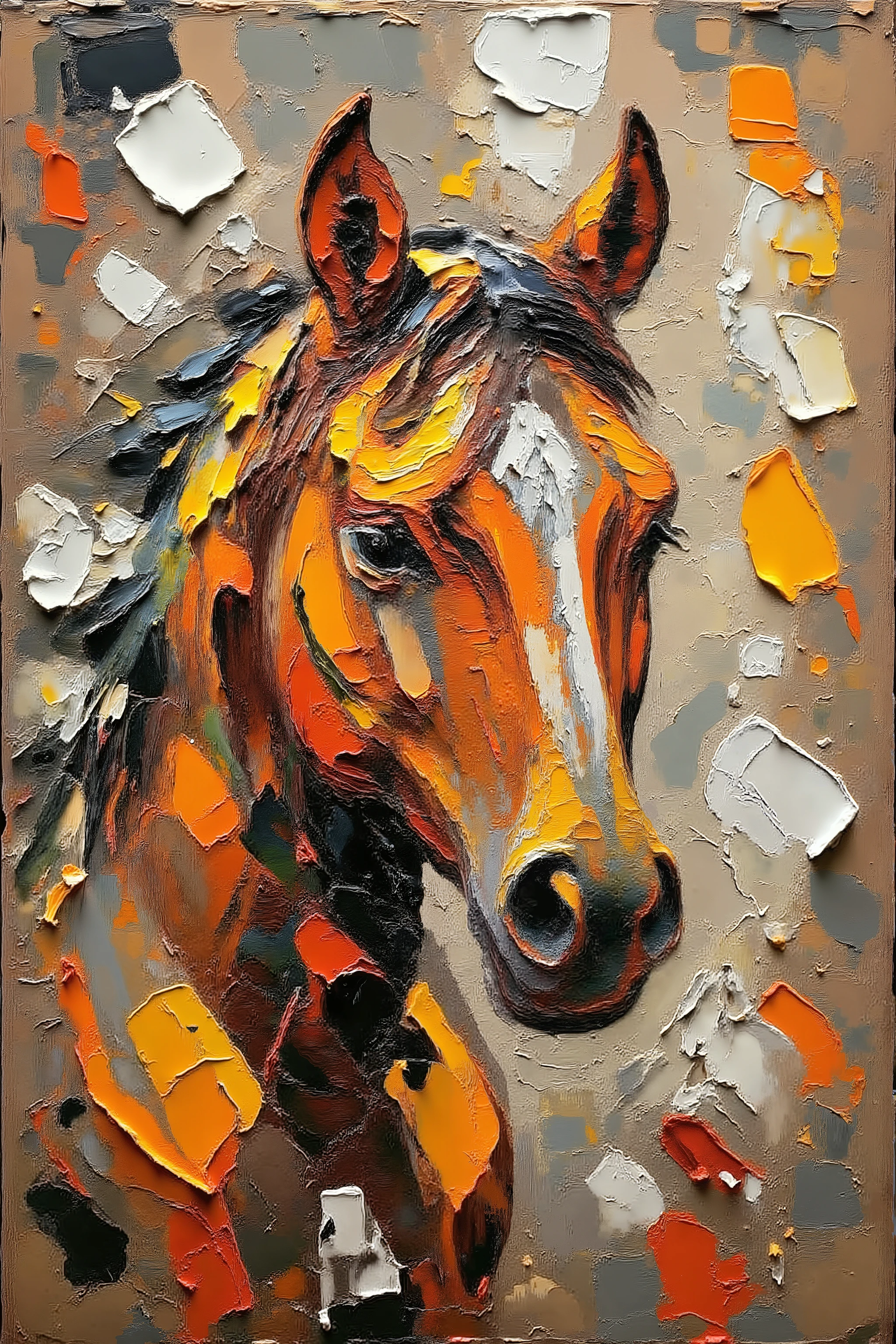 A captivating abstract painting of A beautiful horse with world war is appearing, image is reflecting the horse significant and important role and usage through history, large scale camera, inspired by Man Ray's visionary photography, immortalized by a large-screen camera, historical significance photo art that is also inspired by digital art, light reflection, a cold but rich color scale , --stylize 500.0 on the canvas. The bold, expressive brushstrokes create a striking contrast between warm and cool colors, with oranges, blacks, and whites dominating the palette. The background, a blend of muted colors, complements the vibrant hues of the figure, adding depth and dimension to the overall composition. The piece exudes a dynamic and emotive atmosphere, inviting the viewer to explore its intricate layers and interpret its meaning. This artwork masterfully combines elements of painting, photography, graffiti, and illustration, resulting in a unique and visually engaging experience., graffiti, painting, photo, illustration
