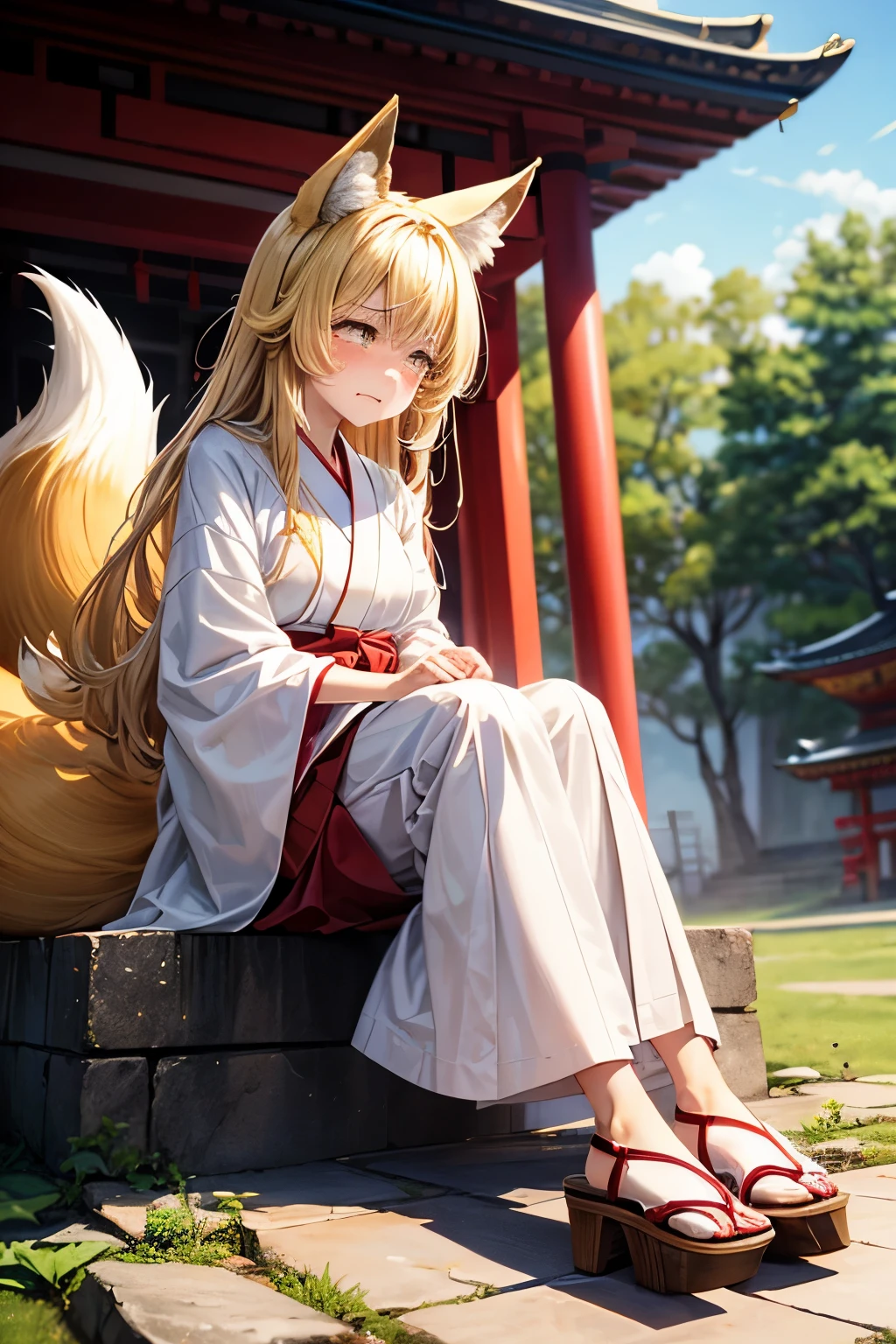 (best quality,4k,8k,highres,masterpiece:1.2),ultra-detailed,(realistic,photorealistic,photo-realistic:1.37),portraits,pastel colors,soft lighting,fantasy atmosphere,girl with fox ears and tail,peaceful garden setting,golden sunset,flowing cherry blossom trees,pagoda in the background,serene expression,traditional Japanese clothing,kawaii style,subtle makeup,divine aura,spiritual charm,gleaming fox mask,captivating gaze,delicate floral patterns,serene peacefulness,pure innocence,ethereal beauty,harmonious blend of nature and culture,gentle breeze rustling through the leaves,whisper of enchantment,symbol of tranquility]