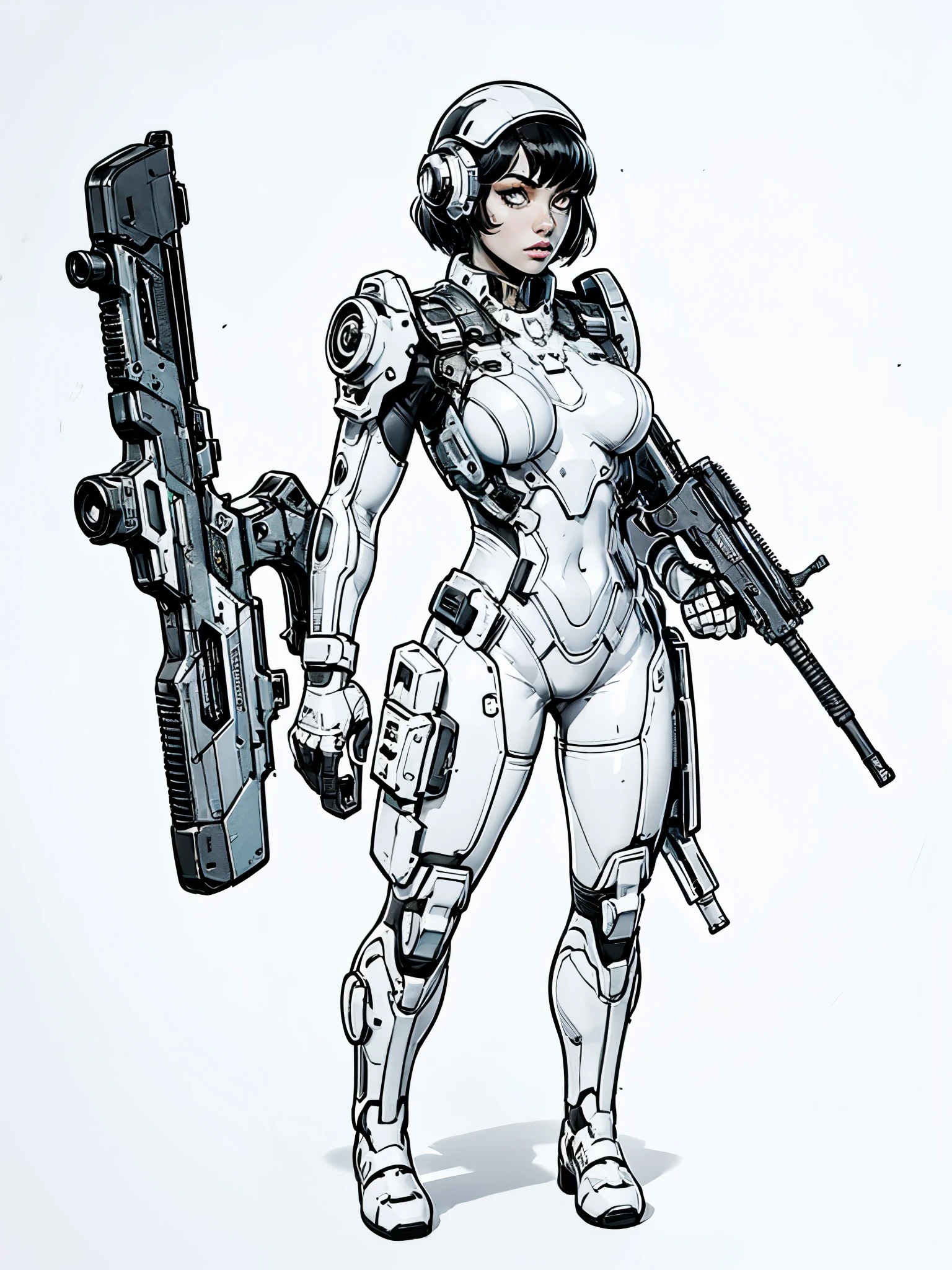American comic-style line art illustration, a super cute girl holding a rifle, bust shot, cyberpunk, slender, futuristic mechanic bodysuit, looking to the right with a focused gaze, uncolored and emphasizes strong, asymmetrical hair, short hair, devil eyes, high-detailed line work, ((no background)), UHD, masterpiece, anatomically correct, super detail, high details, HD, 8k