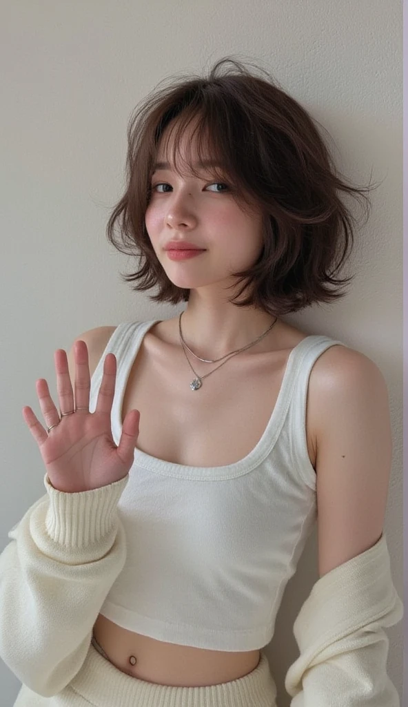 ((Top Quality, 8k, Masterpiece: 1.3)), 1 girl, beautiful woman, (short hair, small breasts: 1.2), super delicate face, delicate eyes, double eyelids, smile, studio room, love me, lovers, cute Japan woman photo, small breasts, very short bob hair, upper body, face focus, (oversized_shirts, A: 1.1) necklace, Tokyo, fetal position, white t-shirt、