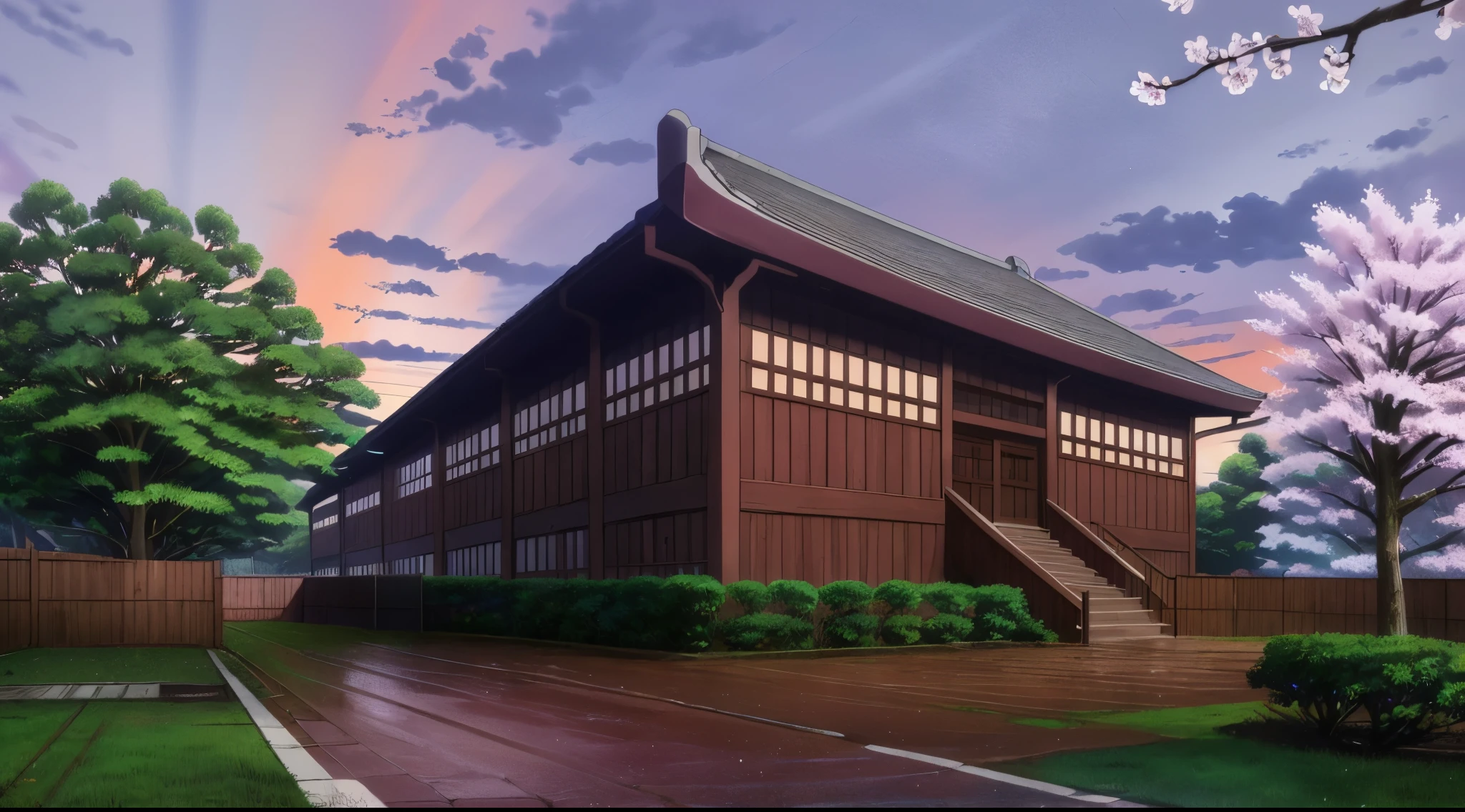 (Rainy sky) (Raindrops) (Evening) (Red Sky)
(80’s Anime) (classic) (Vintage) (retro)

1980’s Tokyo Jujutsu High School is a broad campus of several buildings build in a traditional High School architectural style.

The school building is well hidden on Tokyo's outskirts, far and high in the City. Naturally, there is a big garden where there are a lot of Cherry Blossom Trees around the property to further obscure the location.

(View from the Sidewalk)