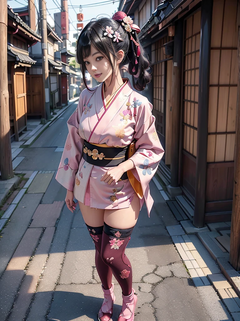 (Full Body View:1.2)、(Side view:1.1)、(Beautiful lips, cheeks and skin:1.4)、(Beautiful:1.4)、(Smiling with teeth showing:1.3),(Shibuya Gal:1.5)、(Geisha dance:1.5)、(Black, yellow, magenta, and blue miniskirt courtesan kimono showing cleavage:1.5)、(Delicate depiction:1.4)、(Luxury hair ornaments/hairpin:1.5)、(Short kimono:1.4)、(Make-up like a maiko:1.5)、(Bewitching Woman:1.3)、(Dense kimono:1.4)、(Wearing flashy knee socks:1.2)、(The underwear has an embroidered pattern:1.4)、40 years old、(Dance vigorously:1.3)、((Highest quality、8k、masterpiece:1.3))、1 Female、Slim and beautiful abs:1.3、(hairstyle casual、Beautiful boobs:1.1)、dress:1.1、Super small face、Narrow eyes、double eyelid、A sloppy smile、Esbian all over body、Dynamic Angle、Close-up、CPL Filter、Blurred Background、Bokeh、Blue Hour、Detailed face and skin texture、Detailed eyes、double eyelid,(Twin tails:1.3)、(Brown-golden hair:1.3)、Gravure idol、(The background is a gorgeous Meiji-era town:1.3)、(Thin body:1.2),(Thin thighs:1.5),(clavicle:1.1)