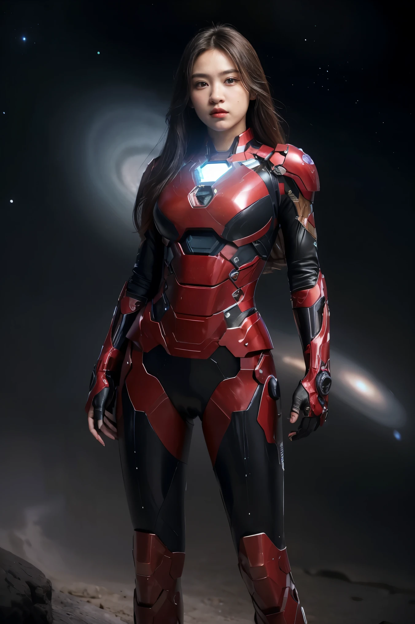 Primitive, Masterpiece, super thin photo, Best quality, Ultra High Resolution , photorealistic , In the cosmic nebula,Full body standing photo, Incredibly beautiful, Cowboy fighting pose, Delicate face,Vibrant eyes, (frontage), huge boob,The Iron Man mech she wears, Black color scheme, The whole body glows like a diamond,Cosmic stellar background, Highly detailed, Detailed face, Gorgeous, Highly detailed skin, Realistic skin details, Visible visible, Sharp focus, volume fog, 8K UHD, SLR camera, High quality, filmgrain, light-skinned, Photorealism , DL, In the distance is Saturn,