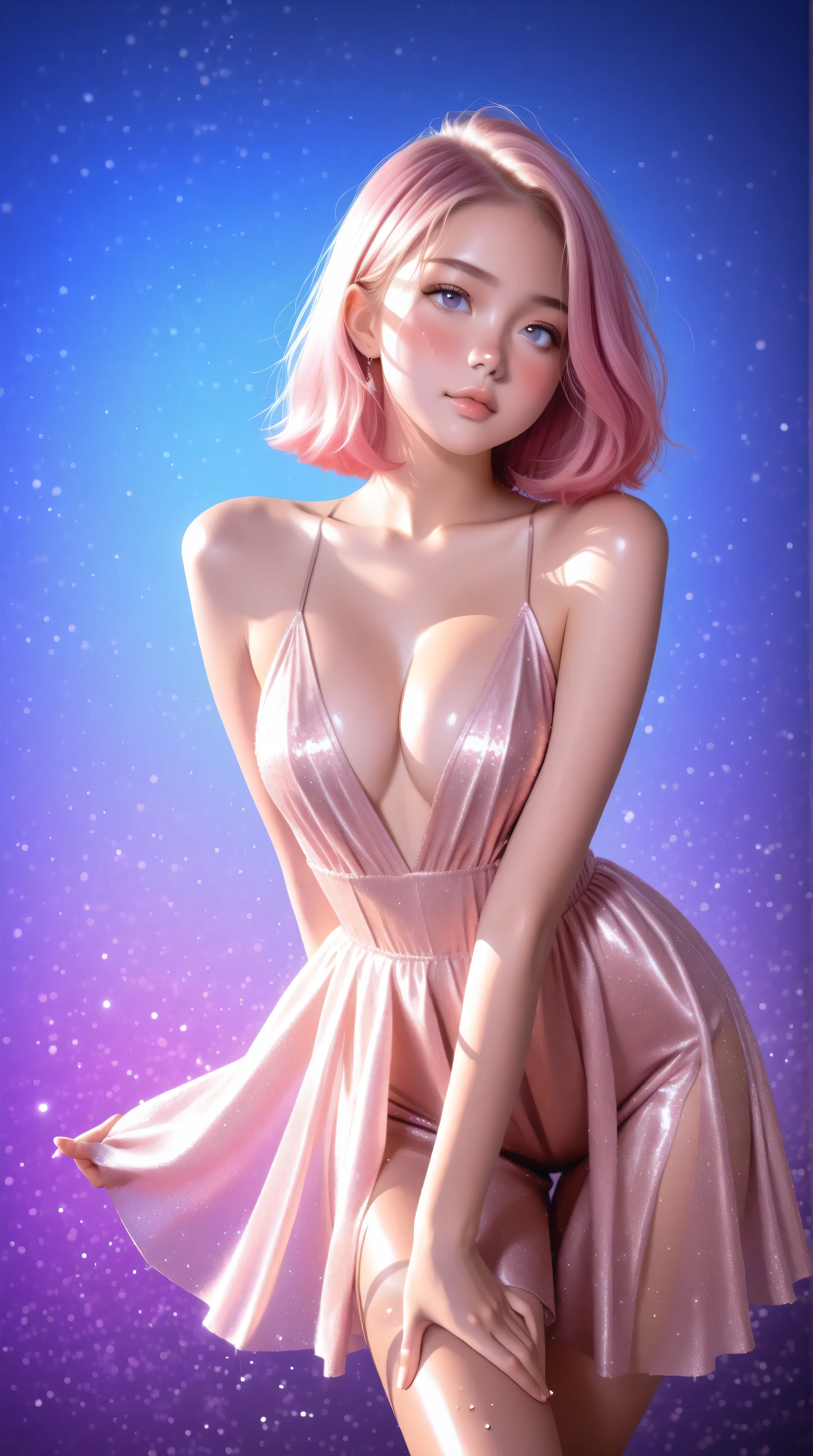 Japanese girl, (anime), manga, sexy, sparkles, Pink Green Hair, posing, ((Glitter Dust)), dynamic shadows, masterpiece, bright colors, Shimmers, clear details, beautiful appearance, masterpiece, best quality, perfect anatomy, very aesthetic, official art, 8k, horny, sexual gaze, perfect breasts, edgy graphic design, sexy pose, seducing viewer, leaning in, straight on, dynamic pose, shiny skin, (eyes looking off to side), Highly detailed, Amazing work，Vitreous luster, blues, purples, pinks, Best quality at best，shiny skin, no background, colorful background, blue background, pink background, purple background, sexy pose, dynamic pose, heavy blushing, perfect breasts, 