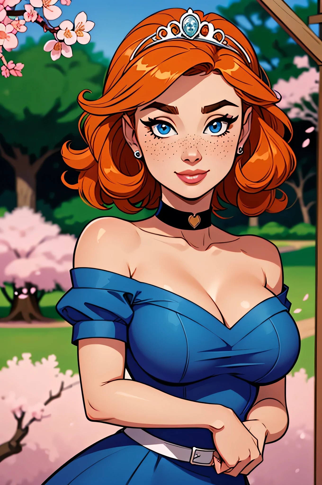 ( absurd, high quality, Ultra Delicate, be careful with your hand) Close up of a thin and athletic woman , 25 years, 8k ( high definition ), mysterious smile up close , seductive look, blue eyes, nose fine, Wearing discreet blue colonial dress ((with V-neck, short sleeves , tiara and choker)), with belt, arms positioned on the sides of the body (( she is holding a cherry blossom with one hand)), white skin , short orange hair ((curly)), walking through her cherry garden ((Close on the upper body )), with freckles on your chest and neck , (( big round breasts )). Marvel style (( high quality)), cherry blossom garden in the background .