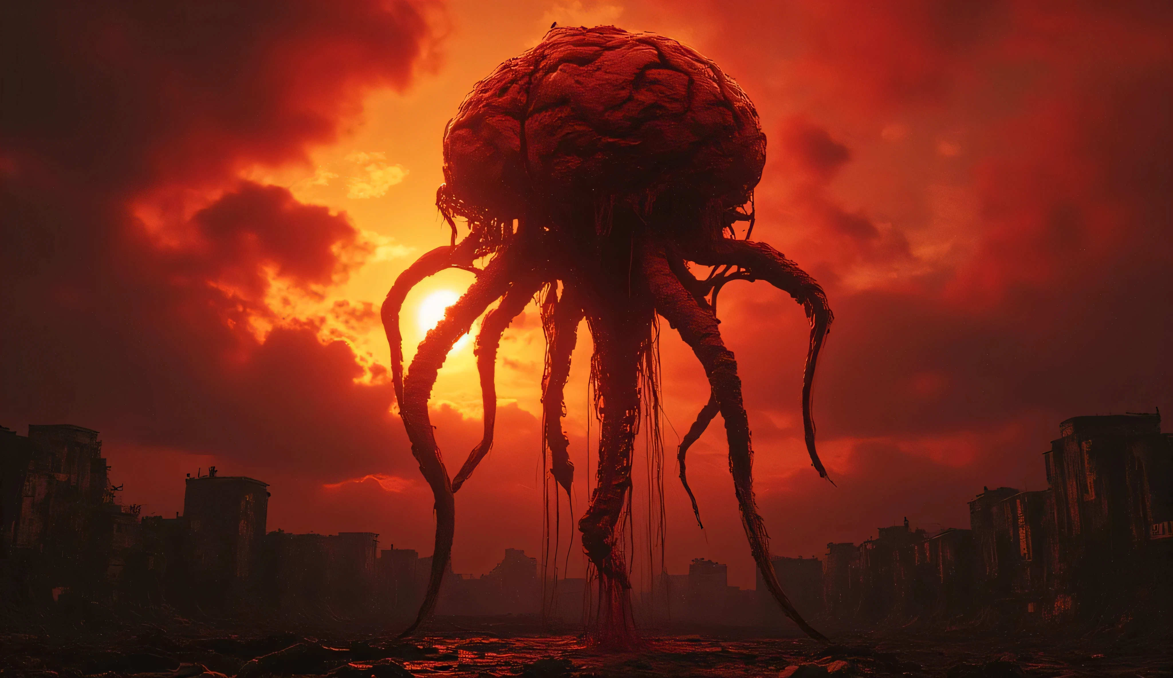 A bloody human brain with a dangling spine levitates high above the dead city of flesh. Long, bloody tentacles hang from the brain. The crimson sky, the apocalypse. The sunset is yellow. blood-red sky, black sky. The horror.