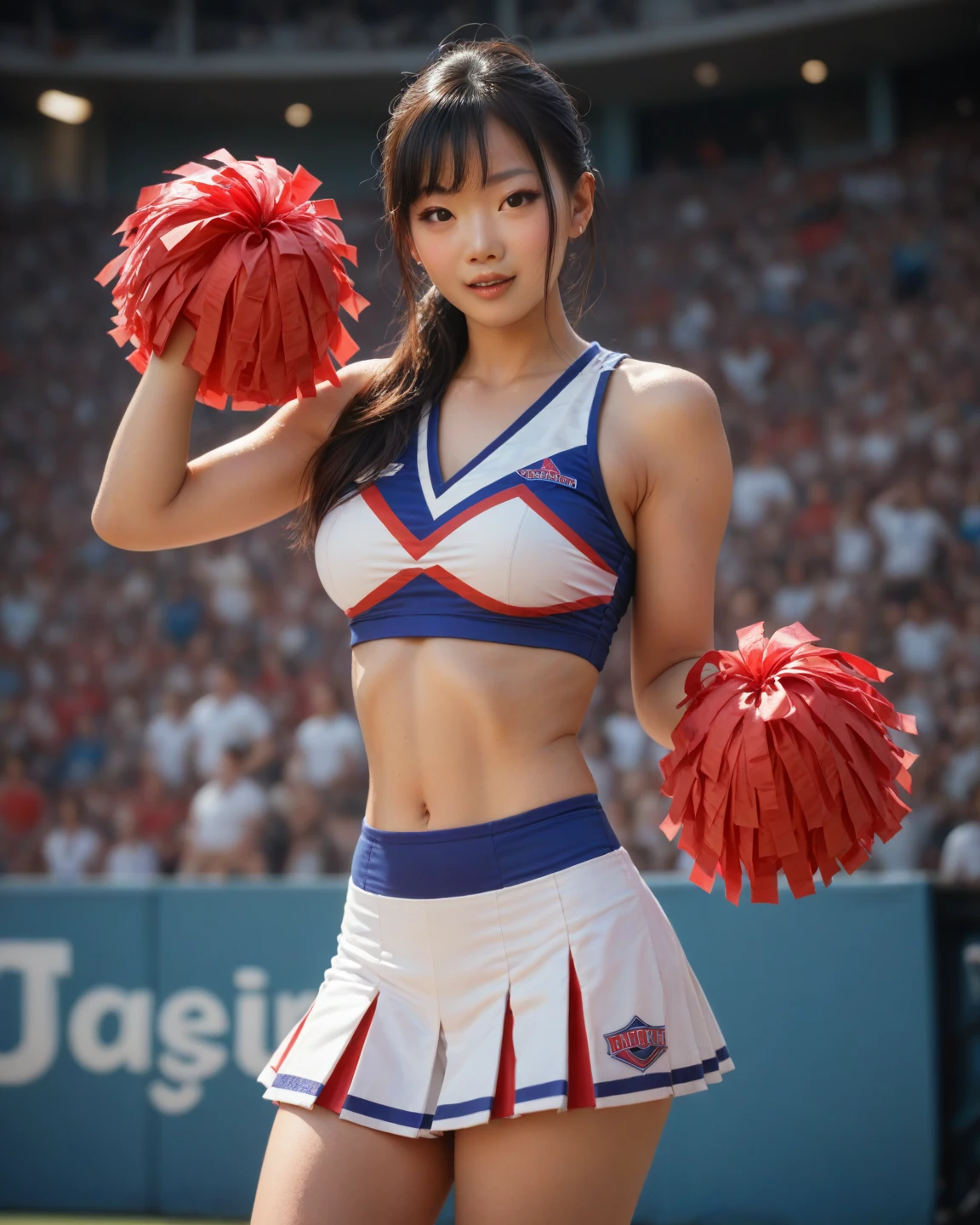 onoff,side-by-side photo,split screen,((Best Quality, 8k, photo realistic:1.4, Masterpiece)), back Lighting, highly detailed facial textures women, 1girl,Japanese,28yo, (((bule Cheerleader:1.2))), ((Stadium Background: 1.2)), arm up, ultra-detailed skin, beautiful make up, detailed eyes, smile, open mouth, shiny brown messy short hairstyles,Slender body,(pussy),