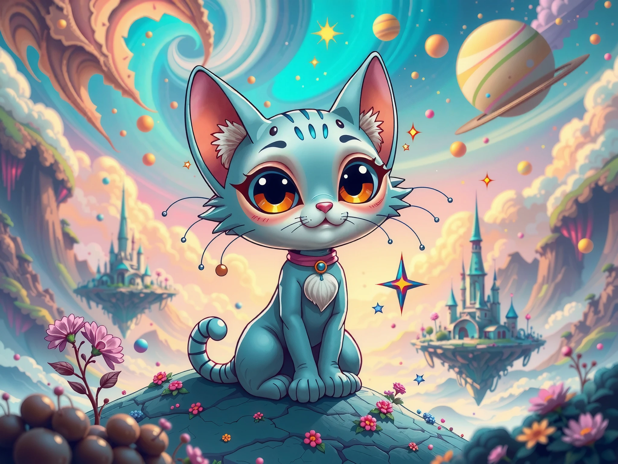  Cute and adorable space cat species realistic, clown It, , fantasy, dreamlike, surrealism, super cute, trending on artstation, vector illustrator, line drawin, comic book