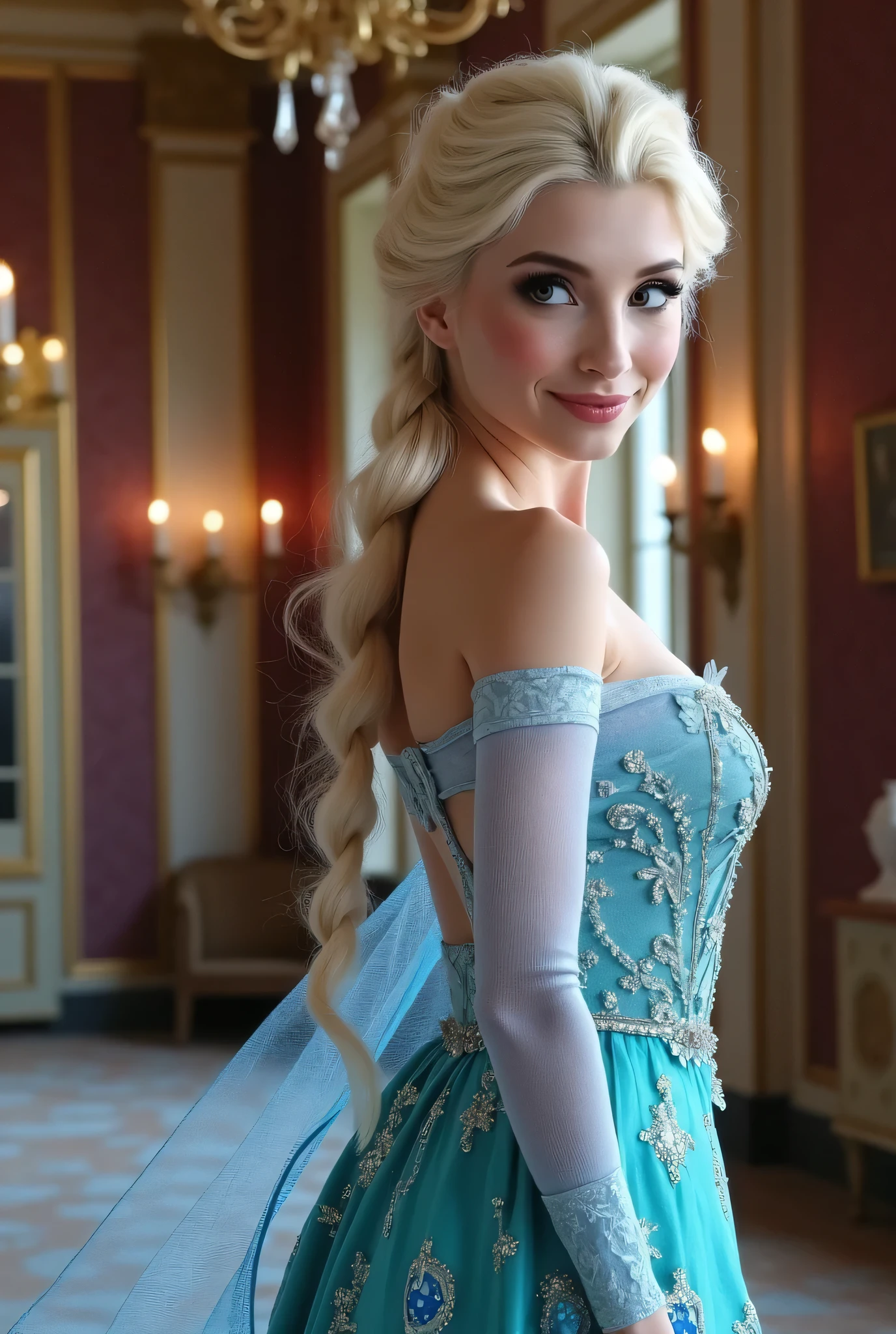 A stunning rear view portrait of piper perri as Elsa smiling , she is sexy , queen of arendelle, young and beautiful, hyper realistic, real portrait, backlit, exquisite features, cleavage, sexy, seductive, interior or an ornate castle ballroom with high ceilings, show skin, blue eyes, exposed bum, round ass, wide hips
