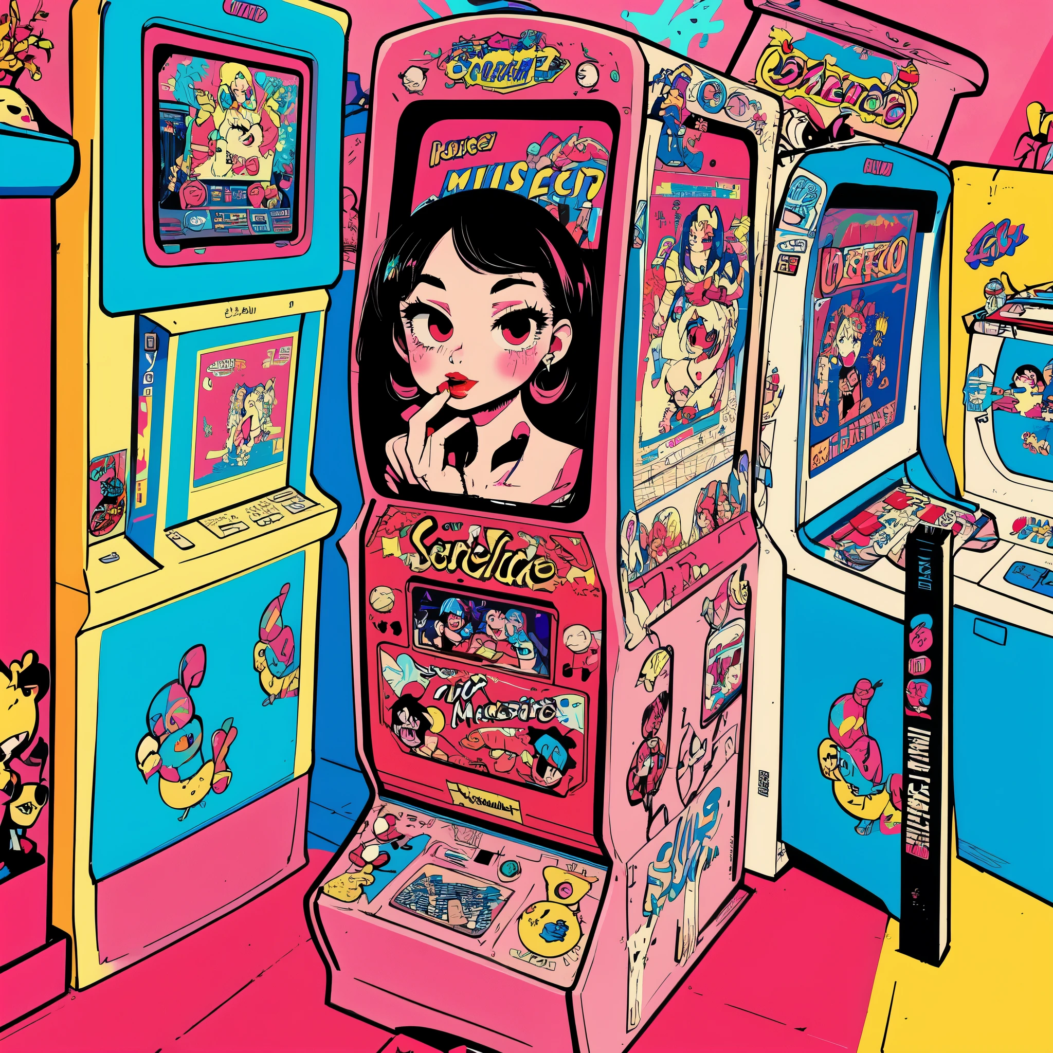 (Masterpiece,  best quality ),  1 girl,   lo-fi art style with red lipstick ,   retro aesthetic ,  pop art 、 arcade 