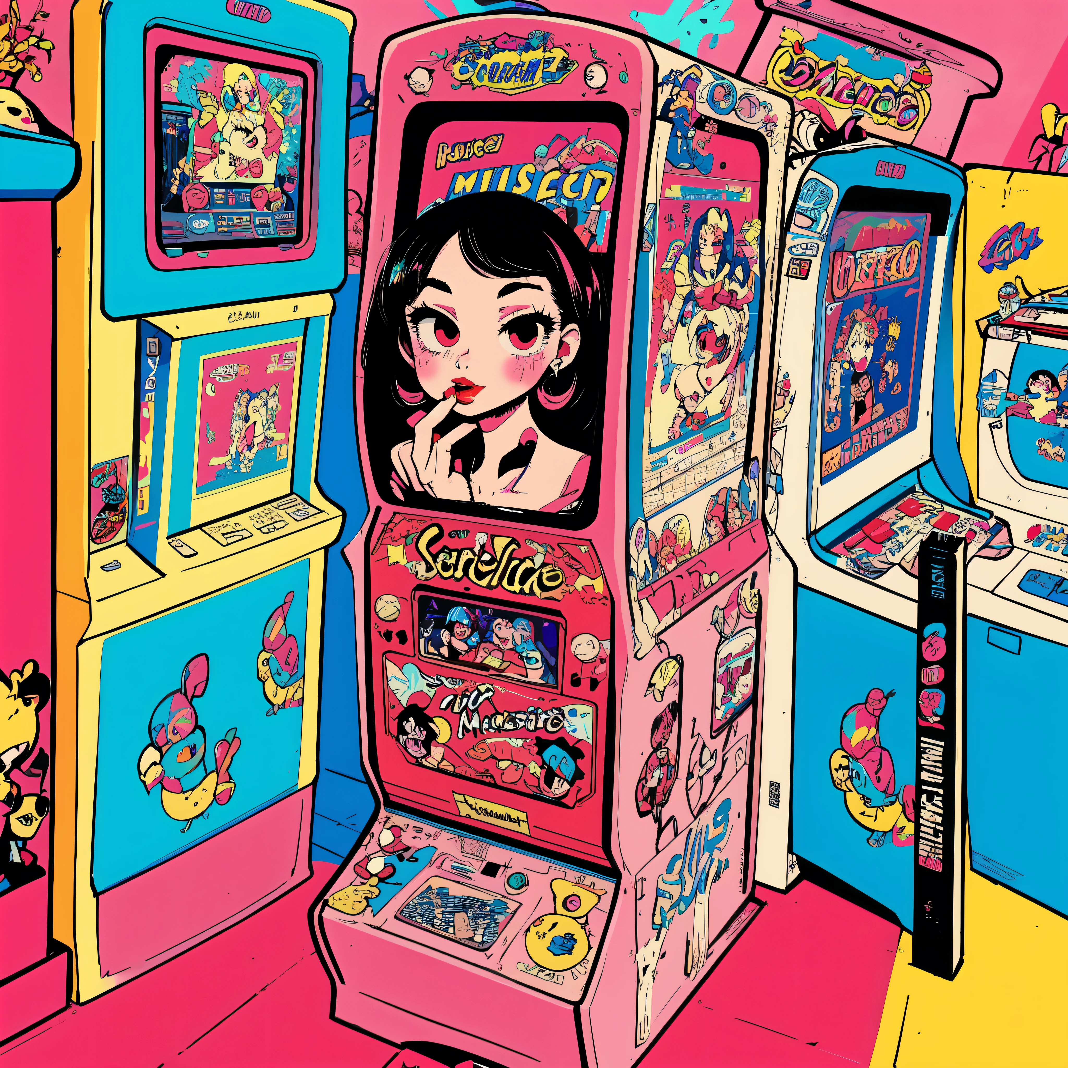 (Masterpiece, best quality ), 1 girl, lo-fi art style with red lipstick , retro aesthetic , pop art 、 arcade