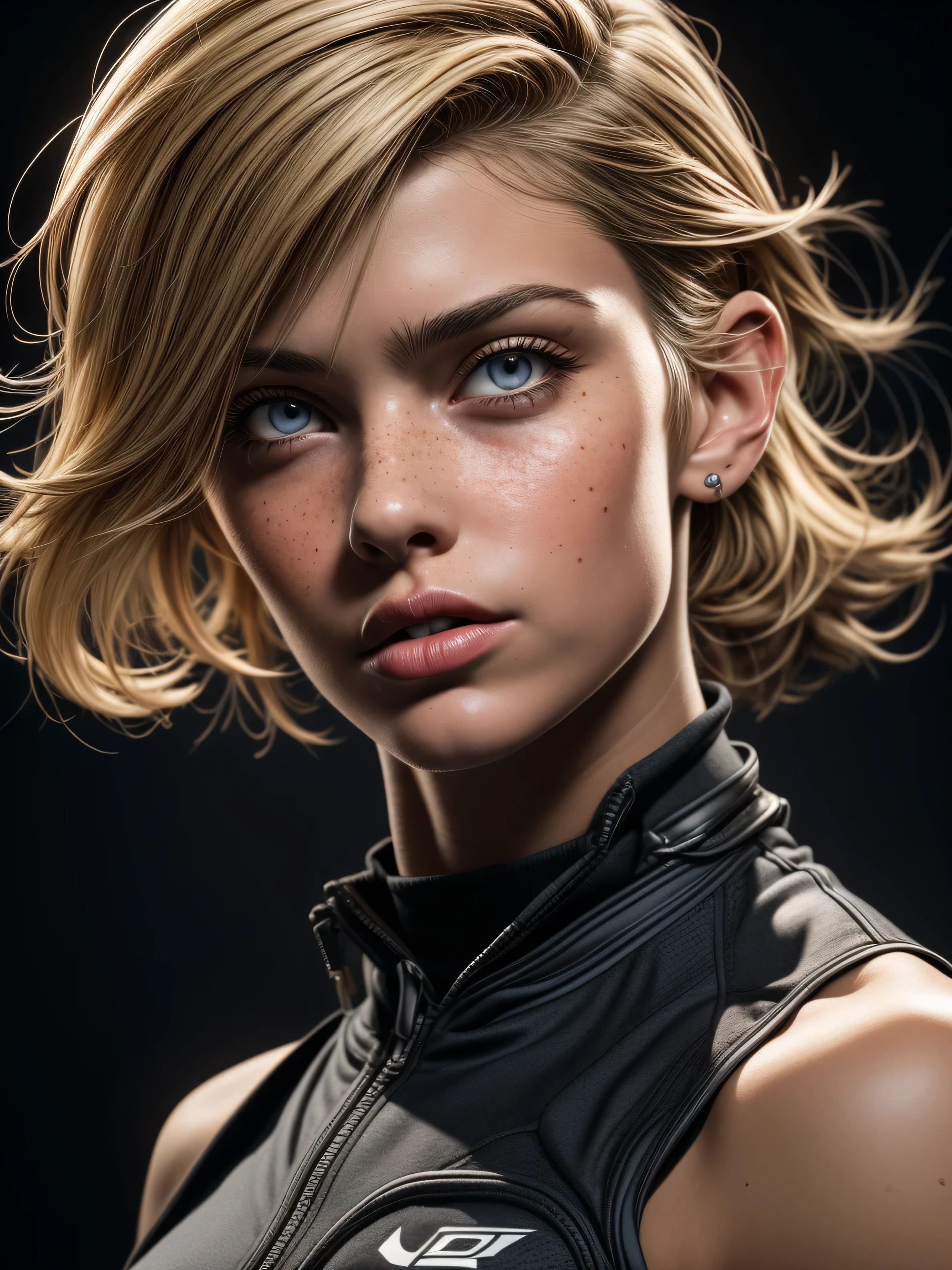 3d rendering, fitness model, 1 American woman, sexy detailed skin, detailed facial features, cute freckles, amazing body, short blonde hair, front view, upper-body, sexy, gaze, isolated on a black backdrop, dramatic lighting, deep contrast, low-key, emphasis on texture and contrast, RTX shader, unreal engine 5, v-ray render, organic rendering, complex, hyper realism, many details