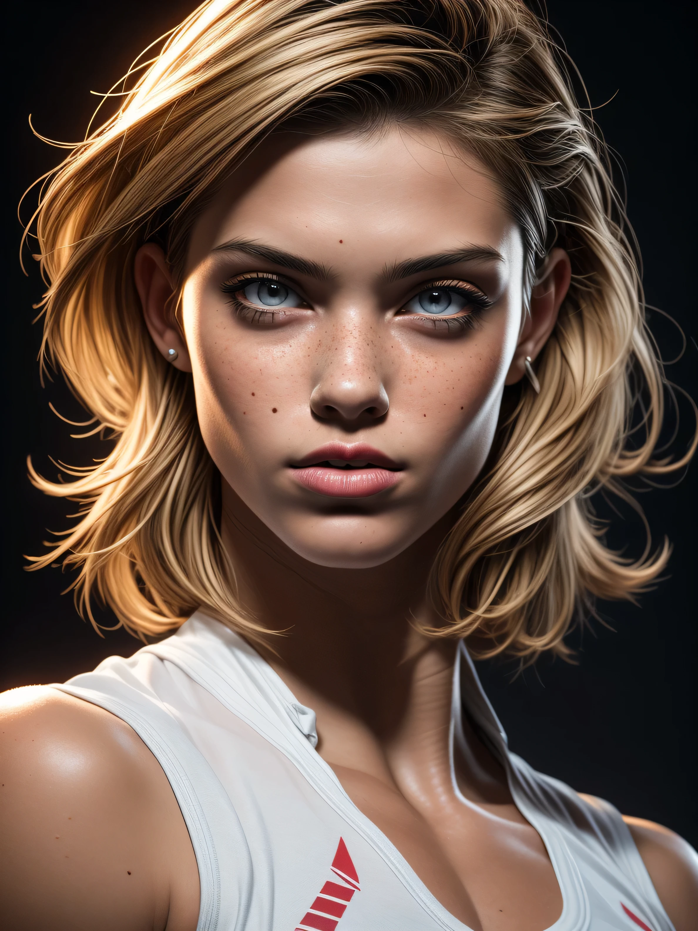 3d rendering, fitness model, 1 American woman, sexy detailed skin, detailed facial features, cute freckles, amazing body, short blonde hair, front view, upper-body, sexy, gaze, isolated on a black backdrop, dramatic lighting, deep contrast, low-key, emphasis on texture and contrast, RTX shader, unreal engine 5, v-ray render, organic rendering, complex, hyper realism, many details