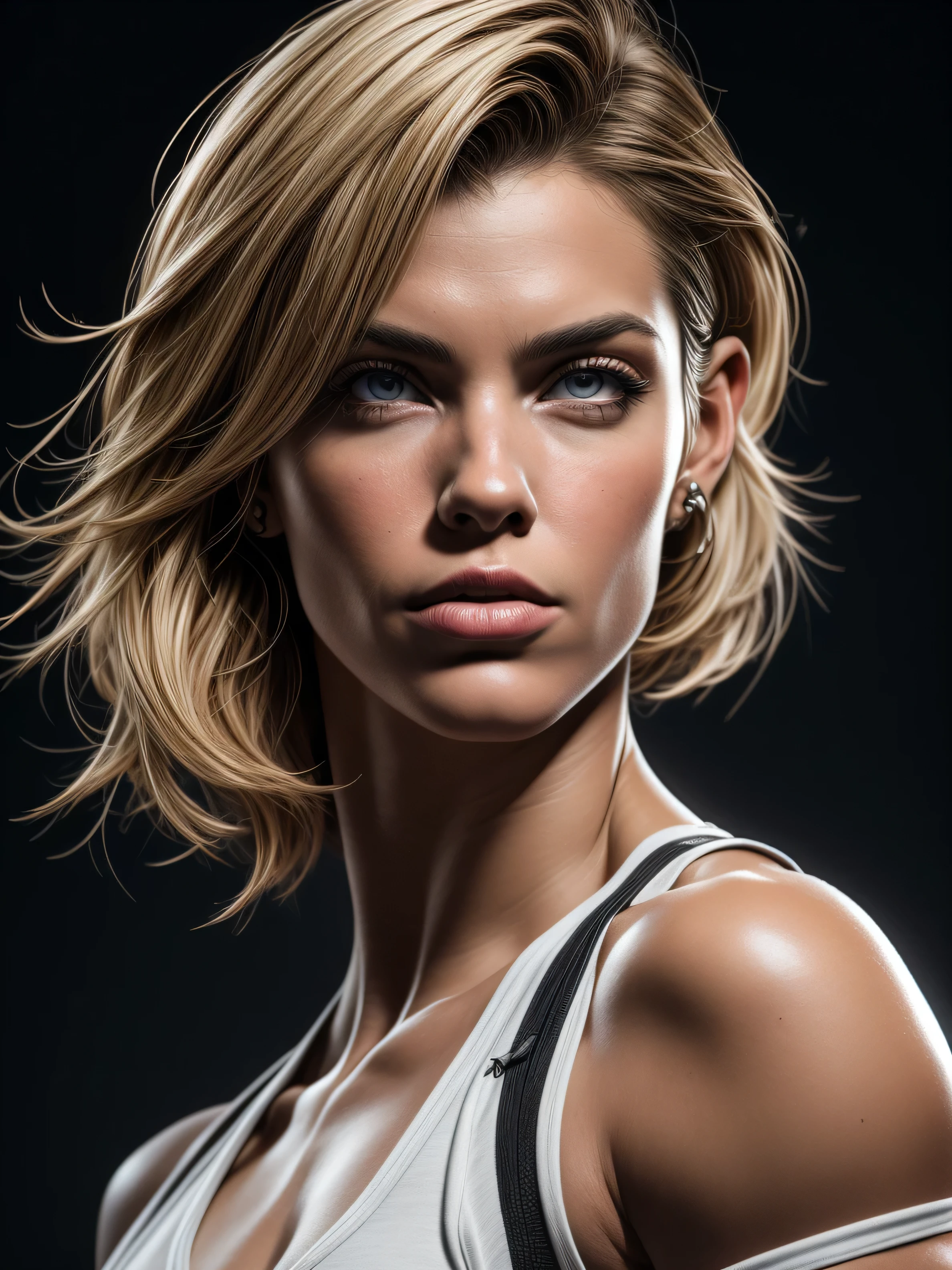 3d rendering, fitness model, 1 mature American woman, sexy detailed skin, detailed facial features, amazing body, short blonde hair, front view, upper-body, sexy, gaze, isolated on a black backdrop, dramatic lighting, deep contrast, low-key, emphasis on texture and contrast, RTX shader, unreal engine 5, v-ray render, organic rendering, complex, hyper realism, many details