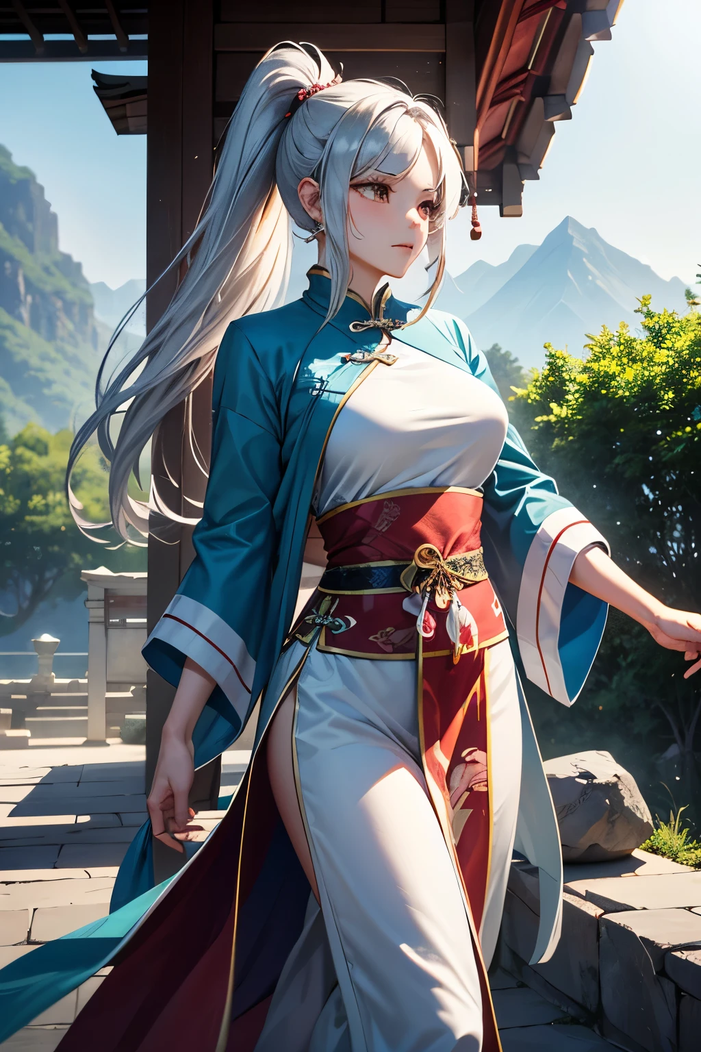 masterpiece, best quality, defaultLyn, gray hair, gray eyes, blue dress, pelvic curtain, sash, portrait, standing, looking at viewer, stream, plains, leaning forward, smile, serene expression