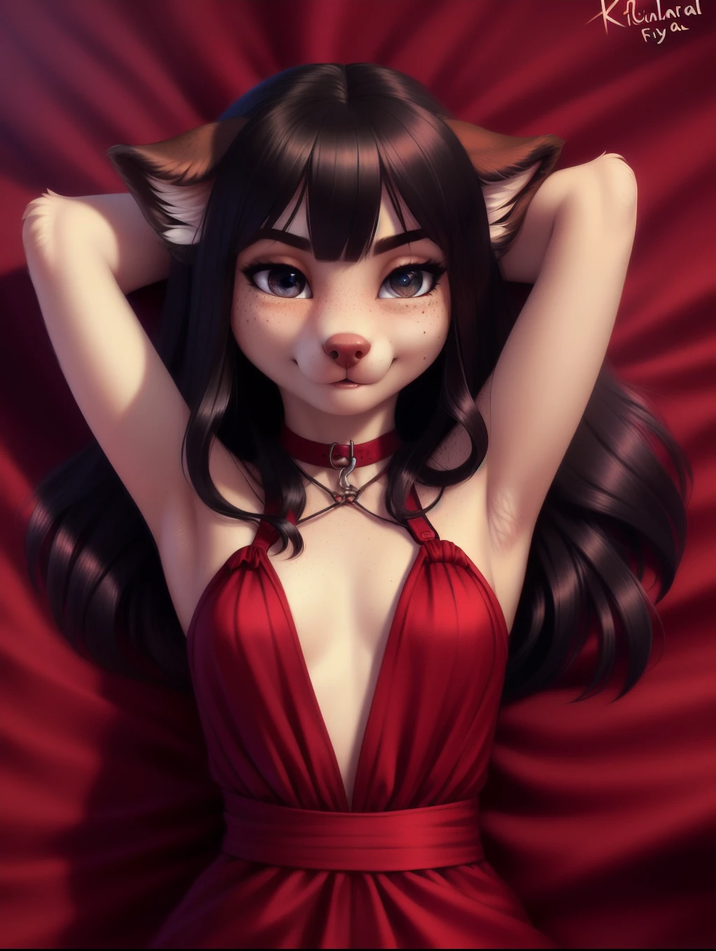 ASCIIrealistic, masterpiece, (three quarter back) view, over the shoulder, above shot, cute (female (anthro ((peach pink) fox))), detailed and extremely fluffy body fur, glossy fur, dark brown eyes, round chest, standing in a dimly-lit pink room, sitting on a frilly heart-shaped bed ((short messy copper hair, short bangs, long bob hairstyle)), (80s inspired black puffy sleeved frilly latex dress, frilly choker), half-closed eyes, closed mouth, cheeky seductive expression, uploaded on e621, (by Hasui Kawase:0.5), by Barbara Takenaga, by Affandi, by Beatrice Ethel Lithiby, by Catcouch, FurryCore, nighttime, intricately detailed 80s retro bedroom, colored magical lights, dim lighting, blue and pink neons, round headlights casting bright neon light throughout the room, lavish decorated bed, 80s music aesthetic, emitting otherworldly glow that defies the laws of natural light, detailed, realistic, 8k uhd, high quality, high quality photography, 3 point lighting, flash with softbox, 4k, Canon EOS R3, hdr, smooth, sharp focus, high resolution, award winning photo, 80mm, f2.8, bokeh, cinematic composition, cinematic lighting,highly detailed, masterpiece, best quality, realistic, (intricate:0.9), (high detail:1.4), film photography, sharp focus,