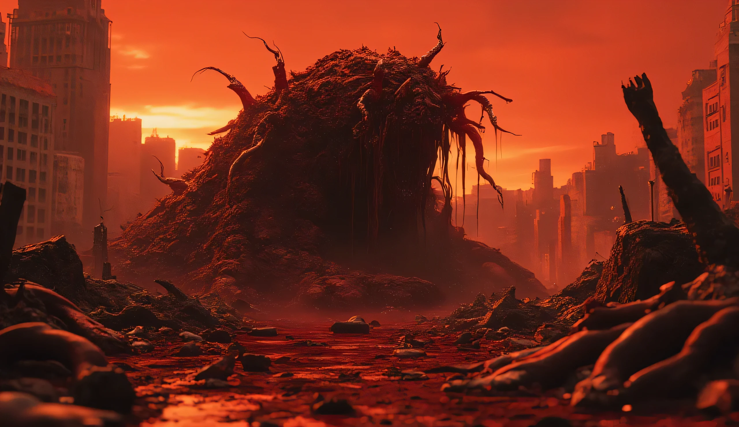 A terrible bloody creature made of flesh and bones. A mountain of flesh. A huge, shapeless creature with tentacles and bone spikes. He's in pain. He roars in agony. Around him are the ruins of the city, debris, abandoned cars covered in bloody flesh. Huge bloody tentacles are sticking out of the ground. The crimson sky, the apocalypse. The sunset is yellow. Blood, violence, pain. blood-red sky, black sky. The horror.