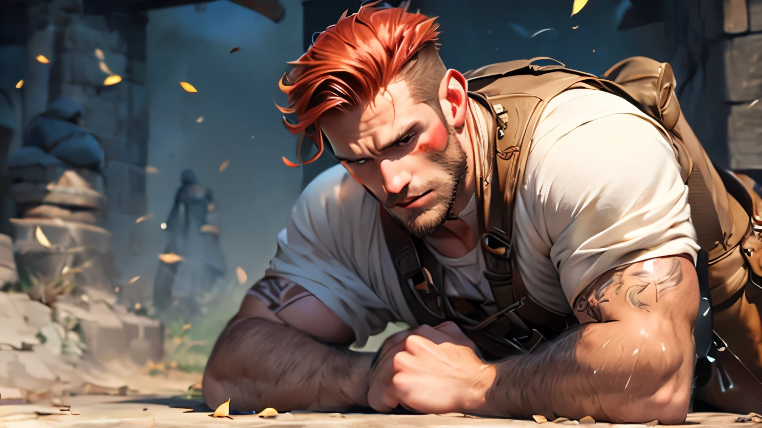 male masculin mid 40s. clean shaven face. thick short red copper hair. dungeons and dragons, scout, sturdy, beaten up.