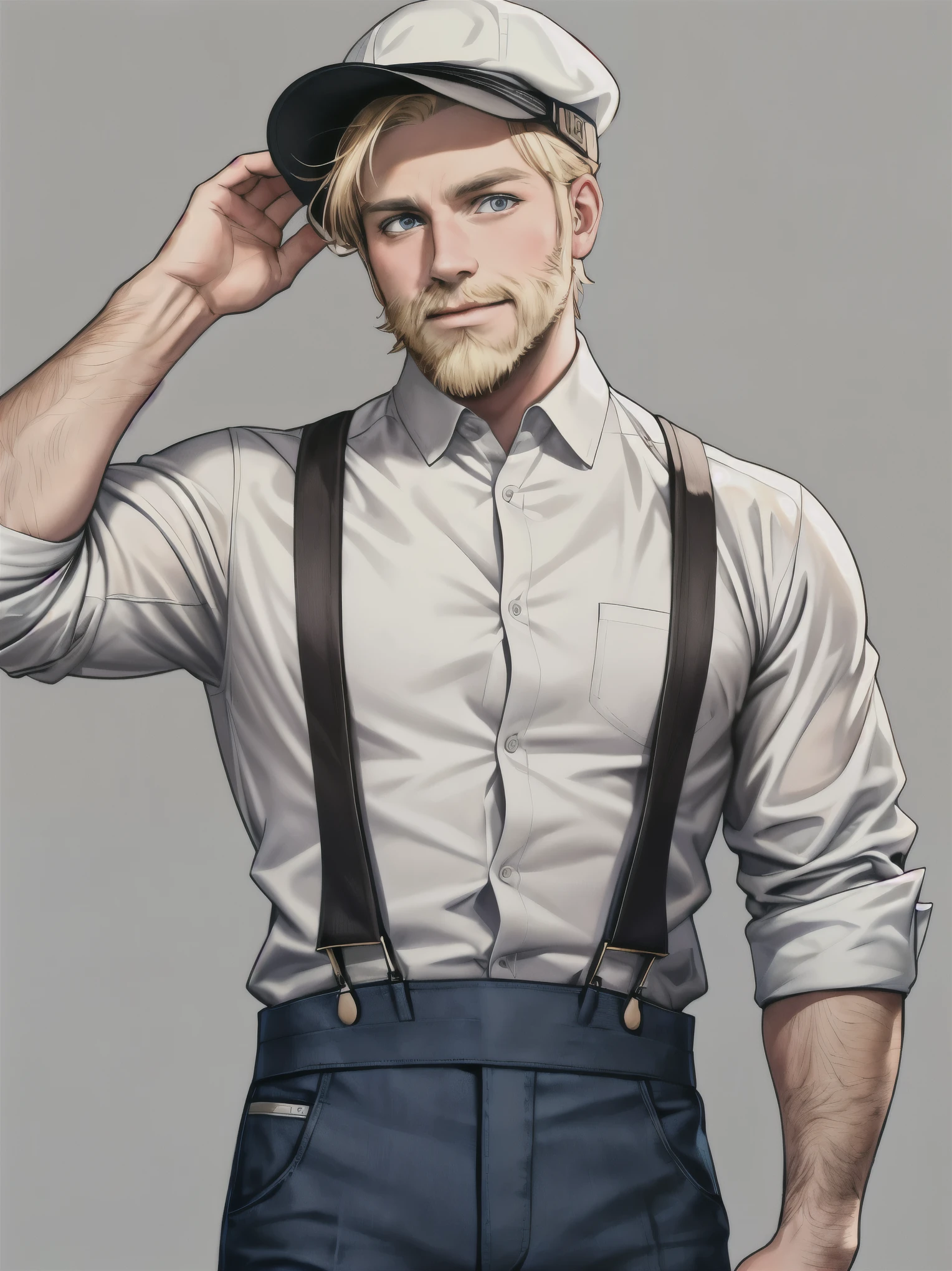 there is a man with a hat and suspenders on his head, human male character art, anime handsome man, detailed character portrait, chris hemsworth portrait, handsome stunning realistic, full body character portrait, official character art, detailed character art, character art portrait, highly detailed character, blonde man, character full body portrait, commission for high res, full-body character portrait