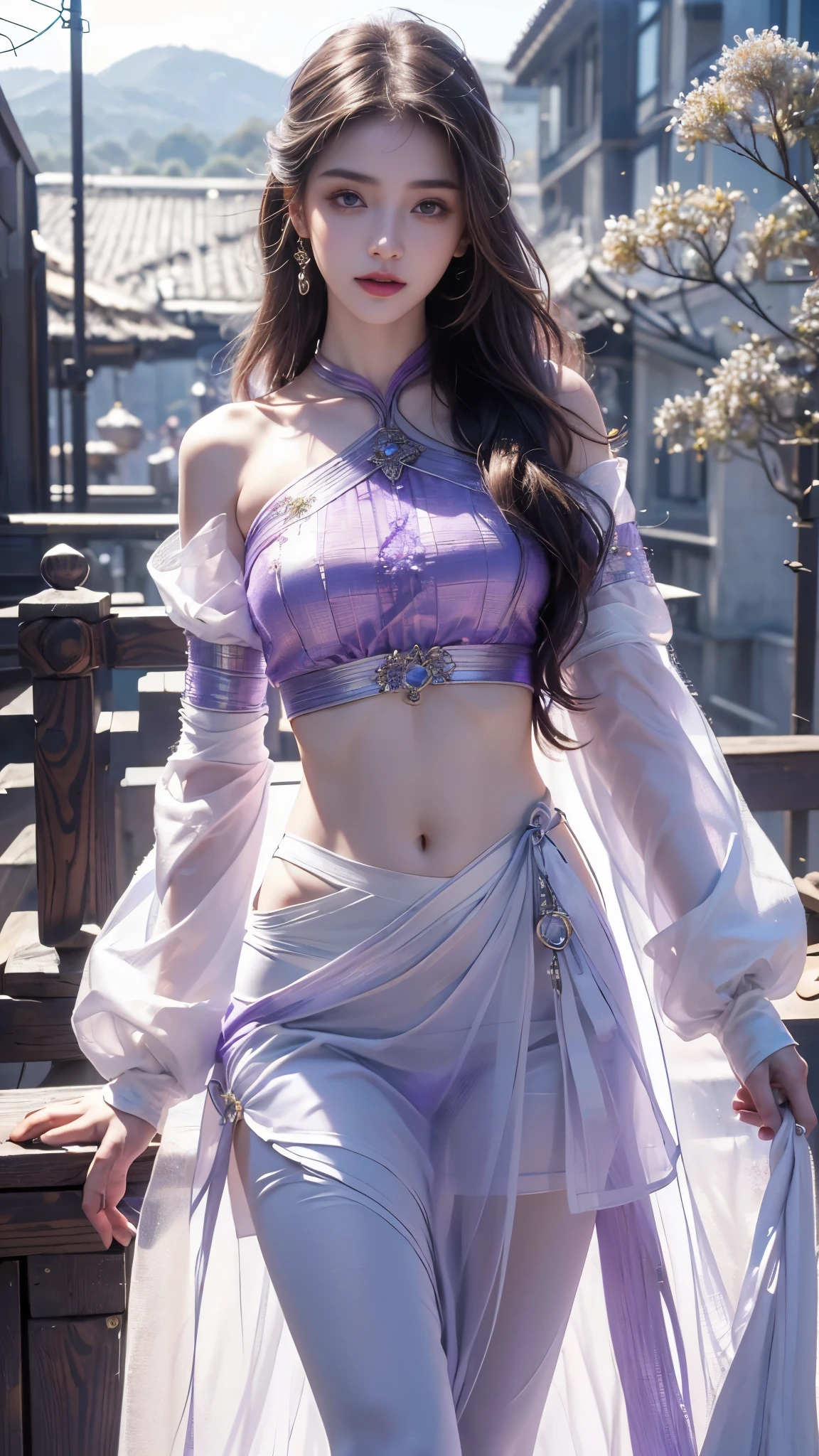 russian beautiful girl in white and purple saree, mat blouse, mat saree small cleavage line, medium breast, beautiful blue eyes, medium