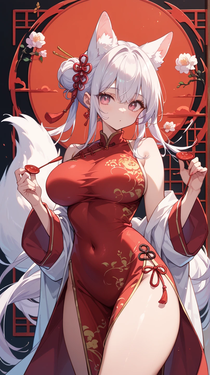 (best quality,4K,high resolution), fluffy, white fur, adorable face, red accents on fur, breasts, beautiful lighting, ambient light, extremely detailed fur, volumetric lighting, fox, Chinese style, kneeling pose, smiling, looking at you.