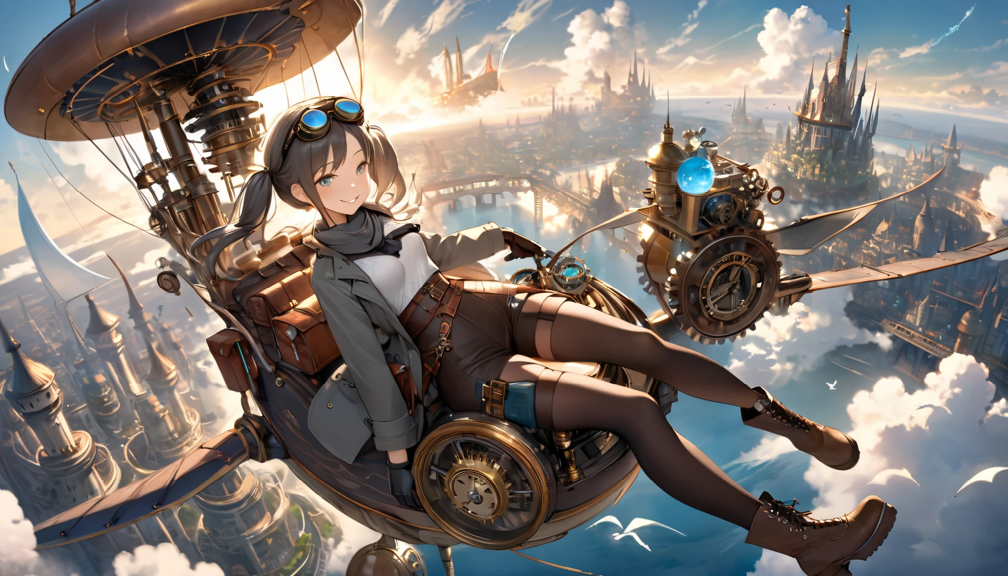 (( best quality )), ((Masterpiece)), ( Details), 1 girl, セクシーAn overhead view from an angle, Small breasts, thin shoulders, small hips, slender buttocks, steampunk fantasy, action movie scenes Boyish girl, gray twin-tails, naughty smile Casual clothes, gray down coat with stitching, leather holster, vintage pilot goggles around neck, gloves, worn boots Pose riding flying machine, dynamic middle action, holding steering wheel, blowing in wind Single-seat flight machine, Steampunk Design, pistons, gears, steam exhaust, glowing magic blue flame, tool bag included Sky with sea of clouds, floating city with layers of towers and bridges, large airship (various designs: sphere, sailboat style, etc.), sunlight shining through clouds Bronze, brown, and smoky gray tones, a sense of speed and adventure, dynamic steam and wind effects Mechanical gears in the sky, mysterious clockwork objects