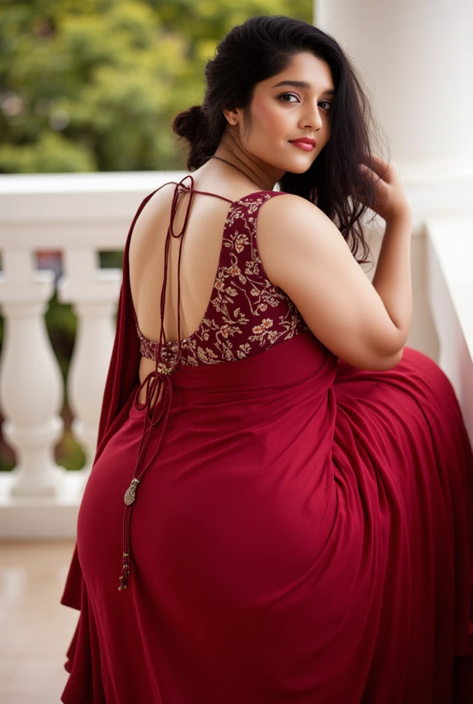 a close up photo of a 25 year old seductive french hollywood chubby woman in a blouse and tight red indian saree,fulll body,looking gorgeus in a red saree in a garden,A woman standing confidently with her back to the camera, showcasing her curvy figure in stylish red saree,nice buttokcs,attractive from behind,curvy hips,big buttocs covered with saree.curvy bac