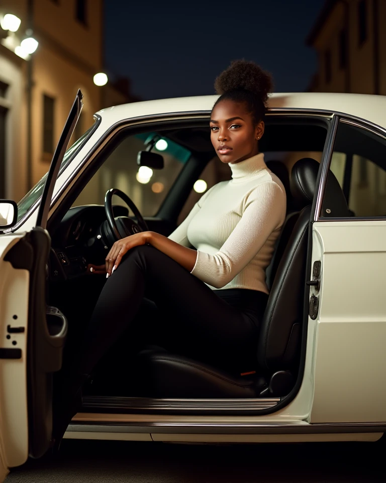 corps entier , beau visage, curly hair,Warm light and clear complexion, afro-american, Detailed, ultra quality, poitrine claire, mignonne, adorable, chemise blanche et mini jupe assis dans une voiture