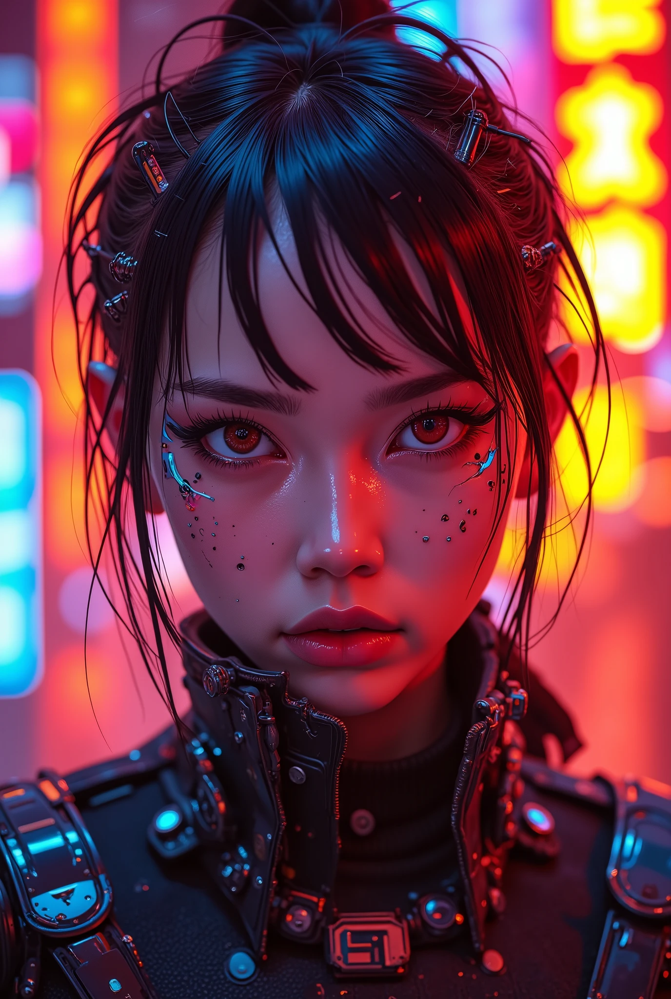 ((manga art style close up portrait) of (perfect Asian cyberpunk girl))), ((LED lights)), (((extremely weird punk hairstyle))), ((manga drawing)), ((warm colours)), ((cinematic lighting)), perfect features, abstract beauty, near perfection, pure form, concept art, intricate detail, 8k post-production, High resolution, super Detail, trending on ArtStation, sharp focus, studio photos.
